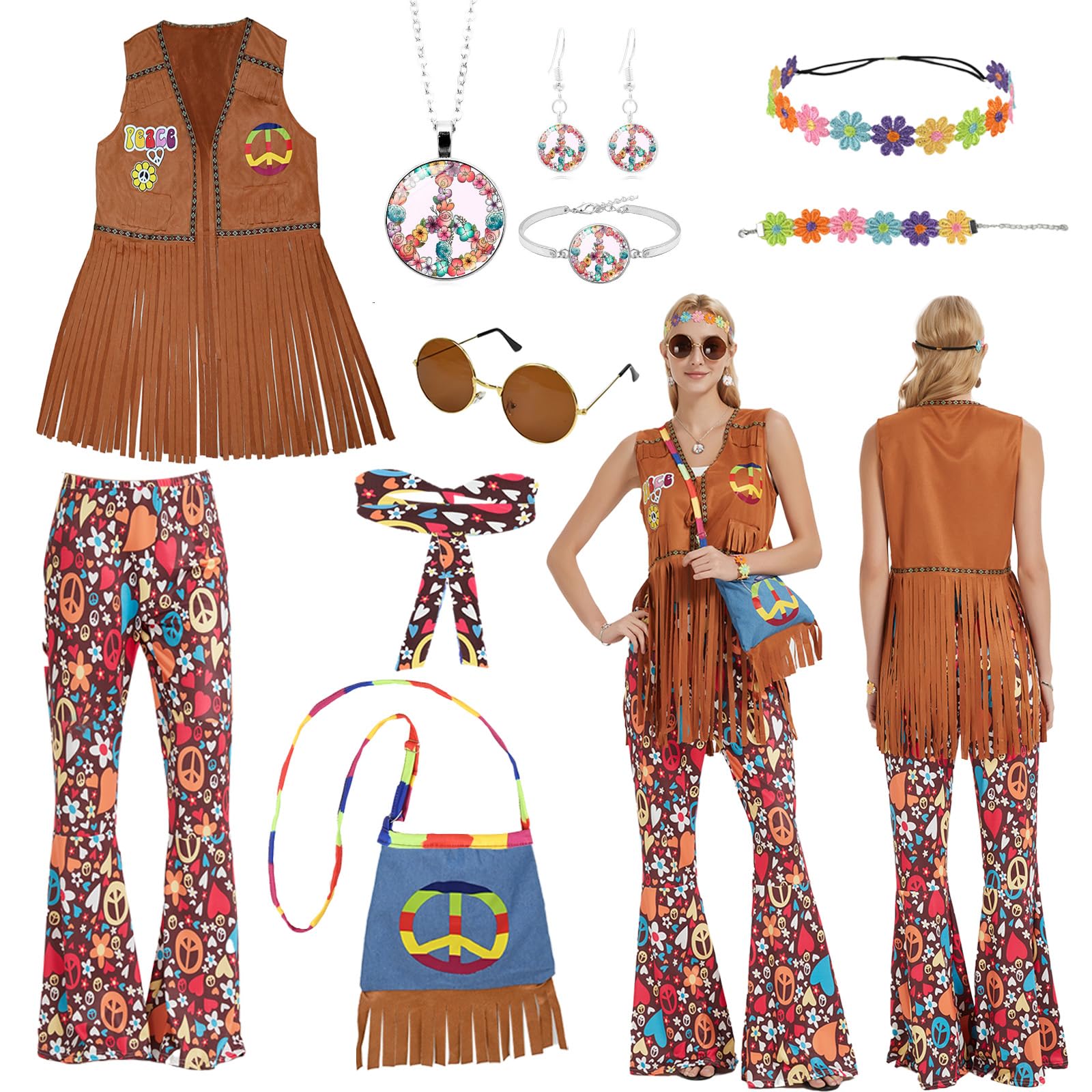 Ulikey 10 Piezas Disfraz Hippie para Mujer, Conjunto de Pantalones Hippie Mujer, Chaleco Hippie + Pantalones Hippie + Bolso Peace Sign + Accesorios Hippie, Disfraz Hippie de los Años 70 y 80