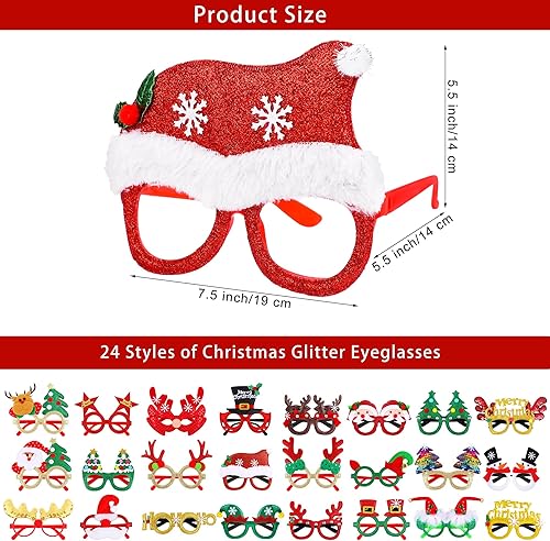 Miniatura 2 de Fovths 24 lentes con purpurina de Navidad, marco de gafas de Navidad, suministros de accesorios de fiesta, cuernos, renos, muñeco de nieve, para