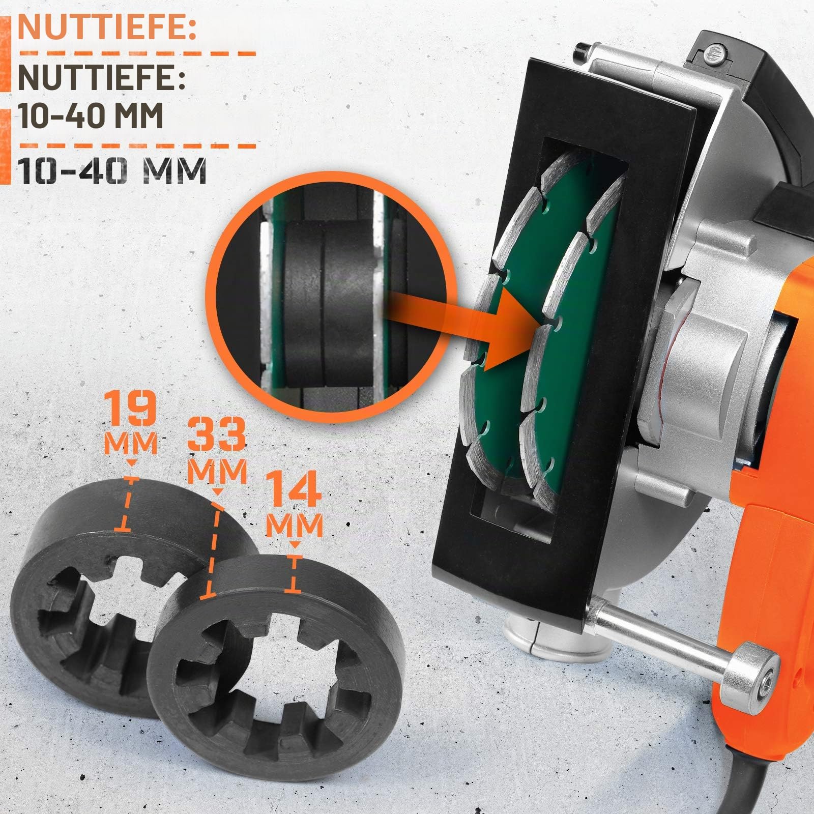 TIMBERTECH® Mauernutfräse mit Laser - 1700W, 4.000 U/min, Nuttiefe bis 40mm, Nutbreite bis 33mm, Diamantscheiben 150mm, Koffer und Absaugung Adapter - Schlitzfräse, Mauerfräse, Wandfräse, Betonfräse