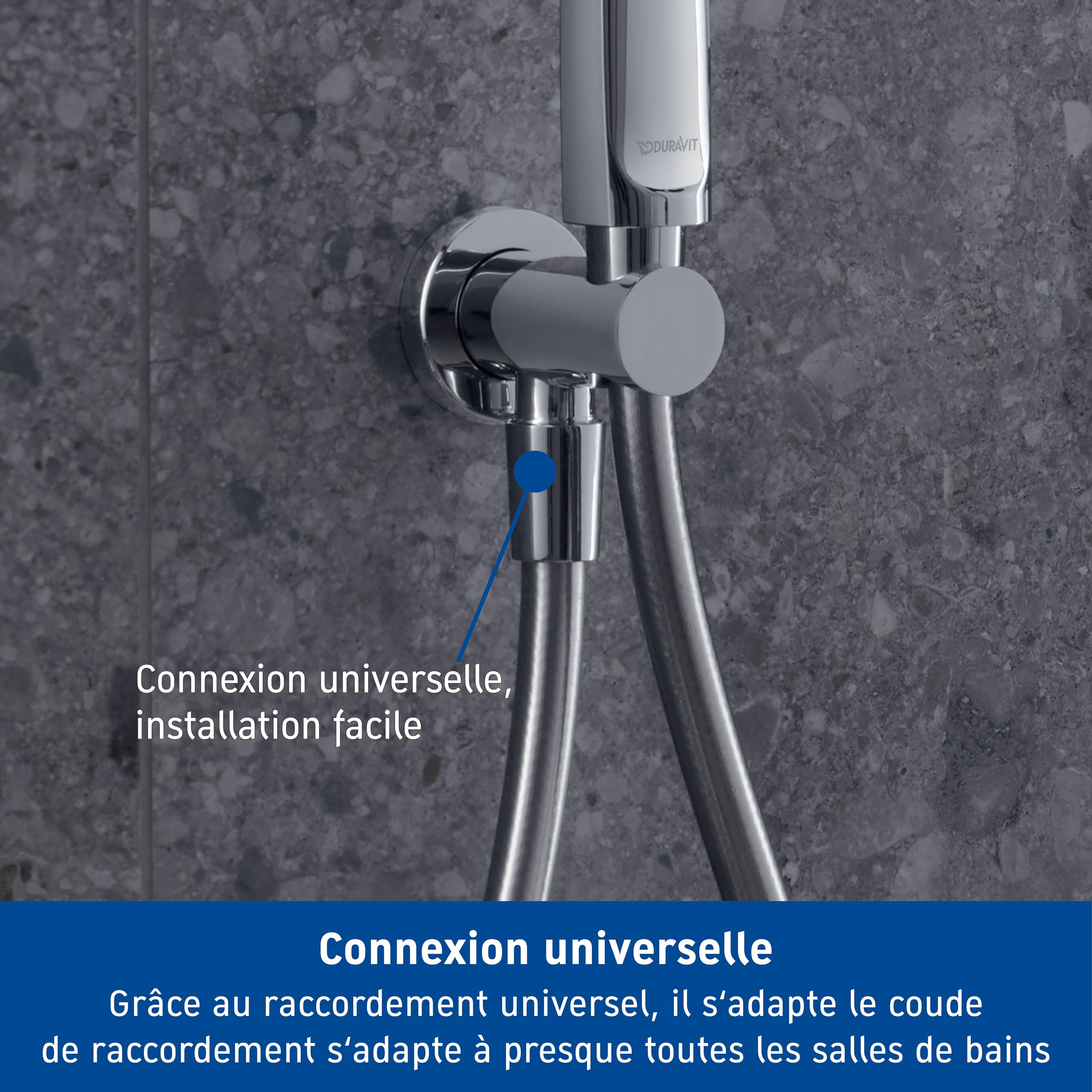 Set de douche universel Duravit, douchette ronde à économie d'eau, coude de raccordement mural, flexible de douche, chromé