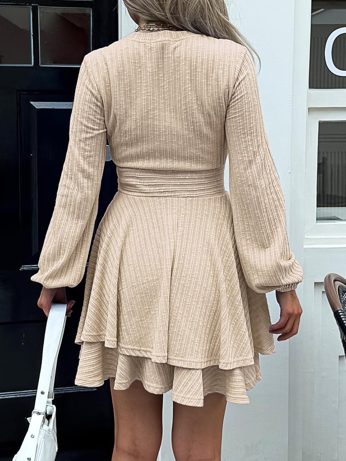 Womens Long Sleeve Knit Dress Casual Lantern Sleeve Crewneck Ruffle Short Flare A-Line Mini Sweater Dress - Image 4