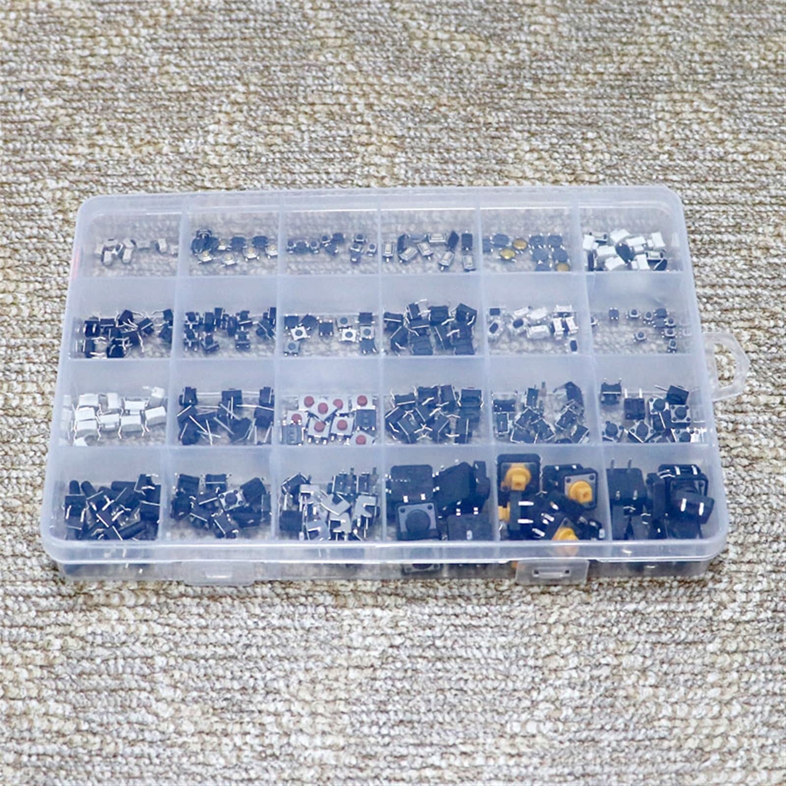 250 Stück 25-Typ-Mikroschalter, Verschiedene Drucktasten-Taktschalter, Reset-Mini-Blattschalter, SMD, DIP, 2 x 4, 3 x 6, 4 x 4, 6 x 6, DIY-Mix-Box-Set