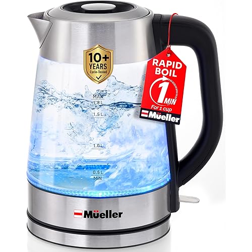 Mueller Rapid Boil Electric Tea Kettle 1.8L – Borosilicate Glass & Stainless Steel – BPA-Free Hot Water Boiler, LED Light, Auto Shut-Off, Boil Dry Protection Fast Water Heater – Kitchen Appliances