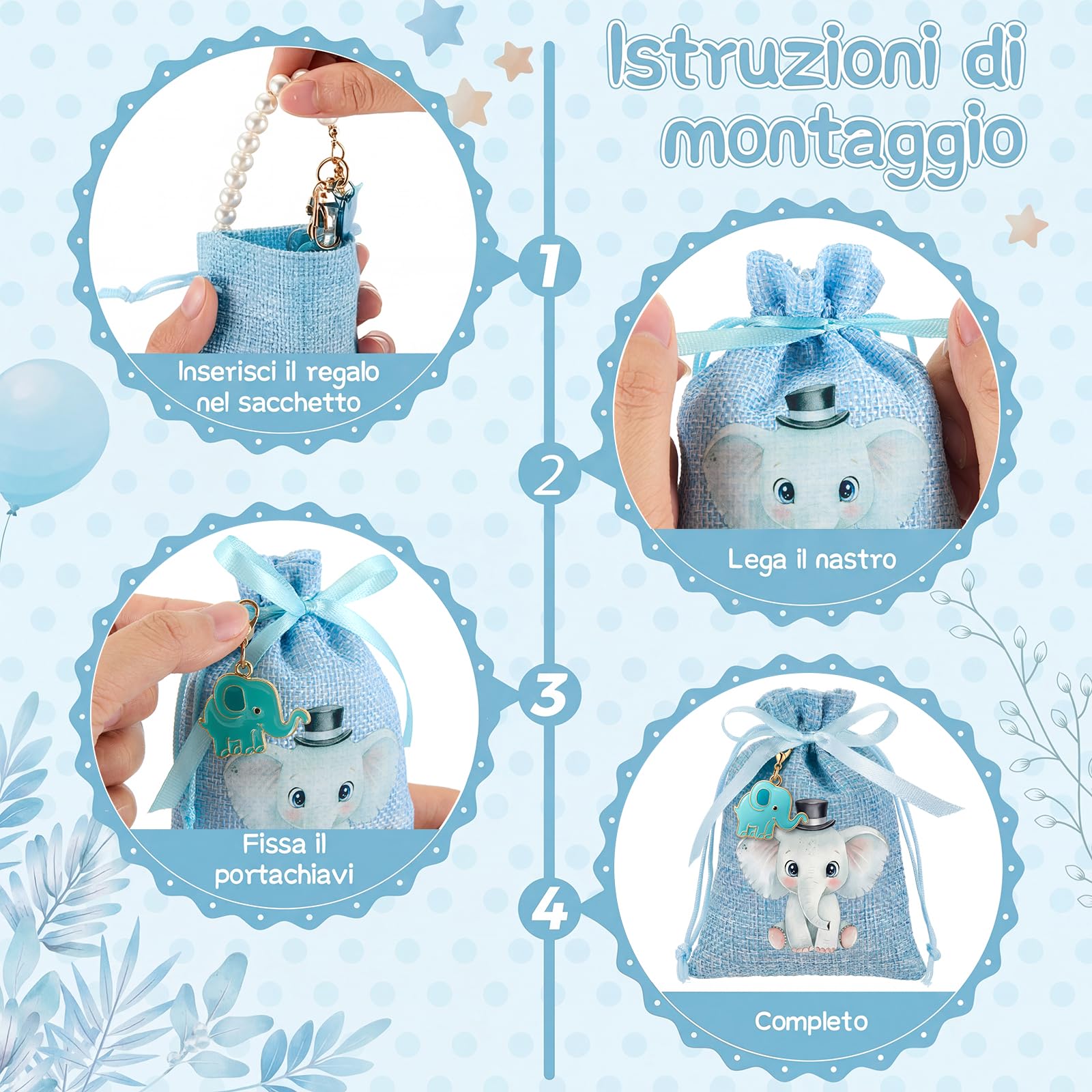 Otuuz 30 Set Sacchetti Confetti Battesimo 30 Sacchettini Lino per Battesimo 30 Portachiavi con Elefante 1 Nastri per Feste per Neonati, Battesimi, Regali per Ospiti delle Feste di Nascita(Bimbo)