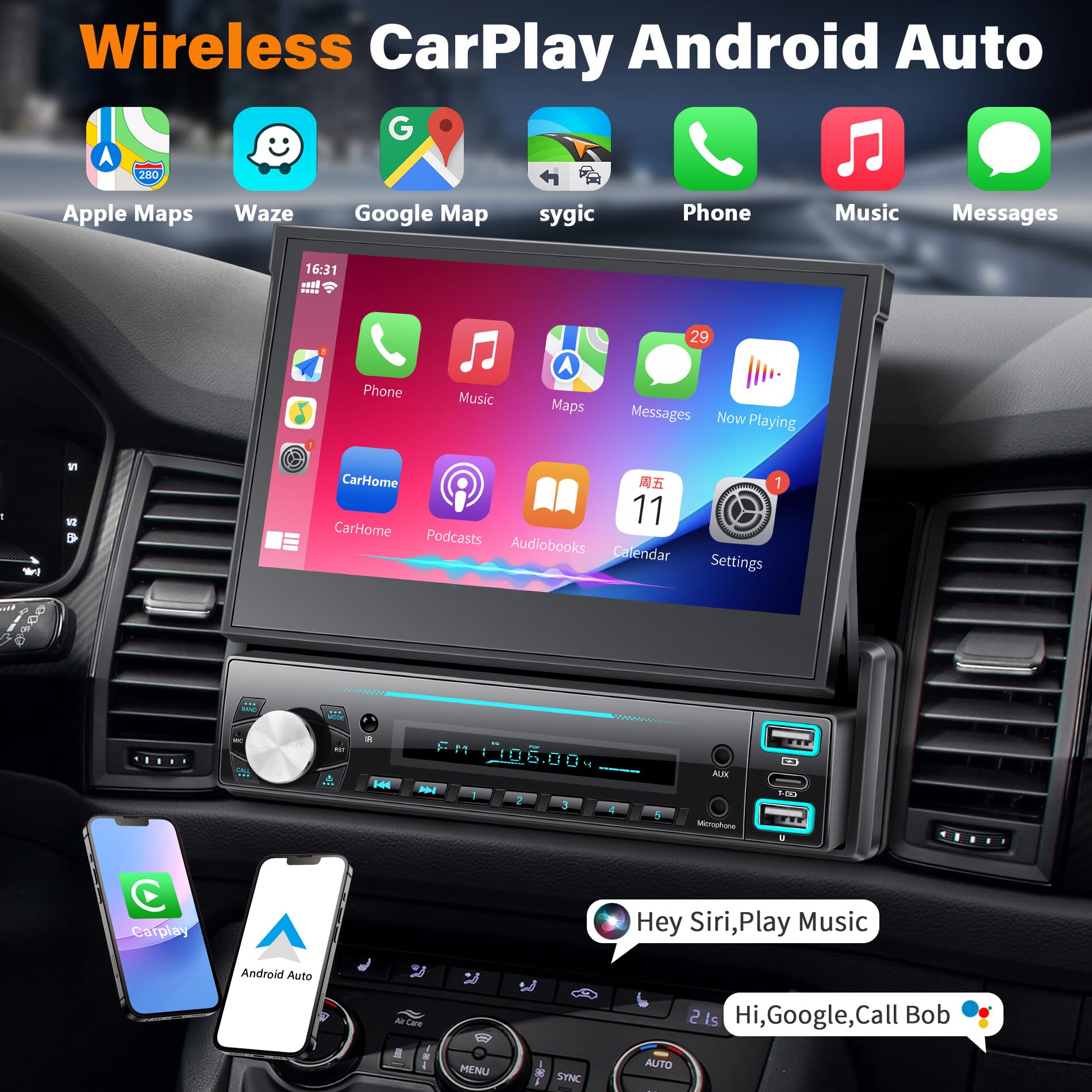 Autoradio 1 DIN con schermo con Carplay Wireless ＆ Android Auto, 7 Pollici Touchscreen Stereo Auto, Mirror Link, FM/AUX/EQ, Microfono, Telecamera di backup