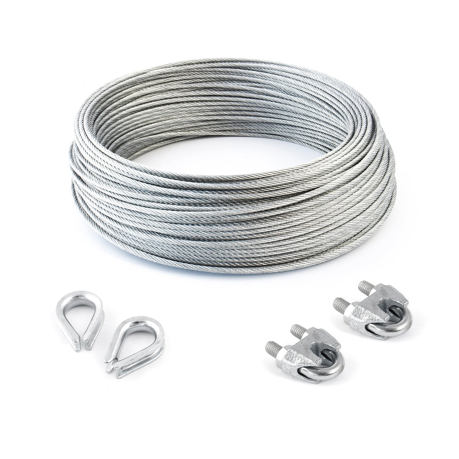 Juego de cables de acero galvanizado, 15 m, 10 mm, 6 x 37 + FC + 2 x abrazaderas de 10 mm DIN 741 + 2 x manguitos de 10 mm, cable forestal de acero galvanizado