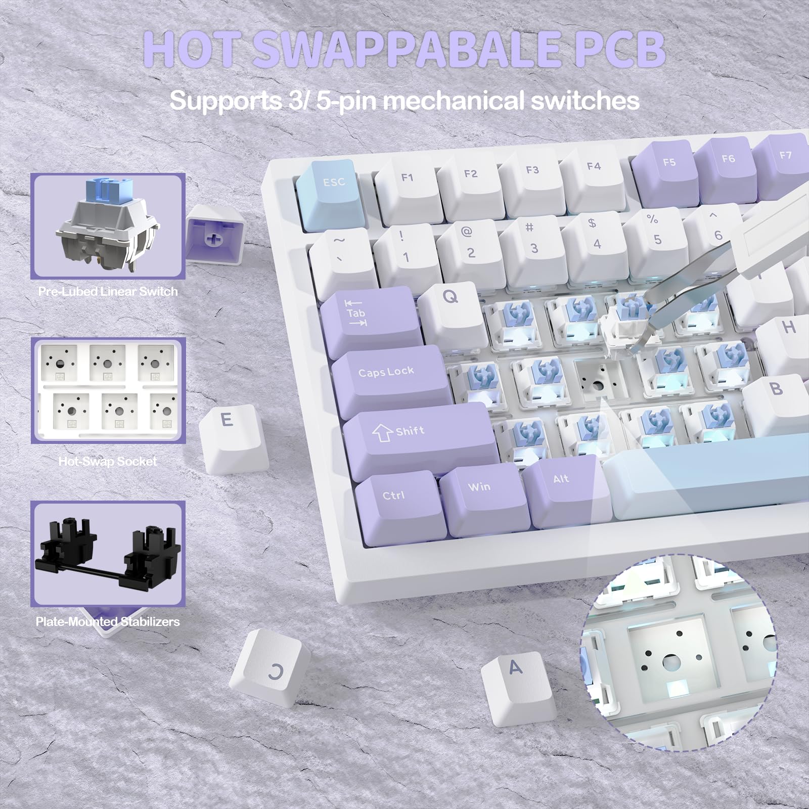YINDIAO ATTACK SHARK X820 Ultra Gasket Mechanical Keyboard with TFT Screen & Knob, 75% ANSI Layout, 2.4Ghz/BT/Wired, 5 Sound Absorbing Foams, Hot-Swap Linear Switch, for PC,MAC (Purple, Shark Switch)