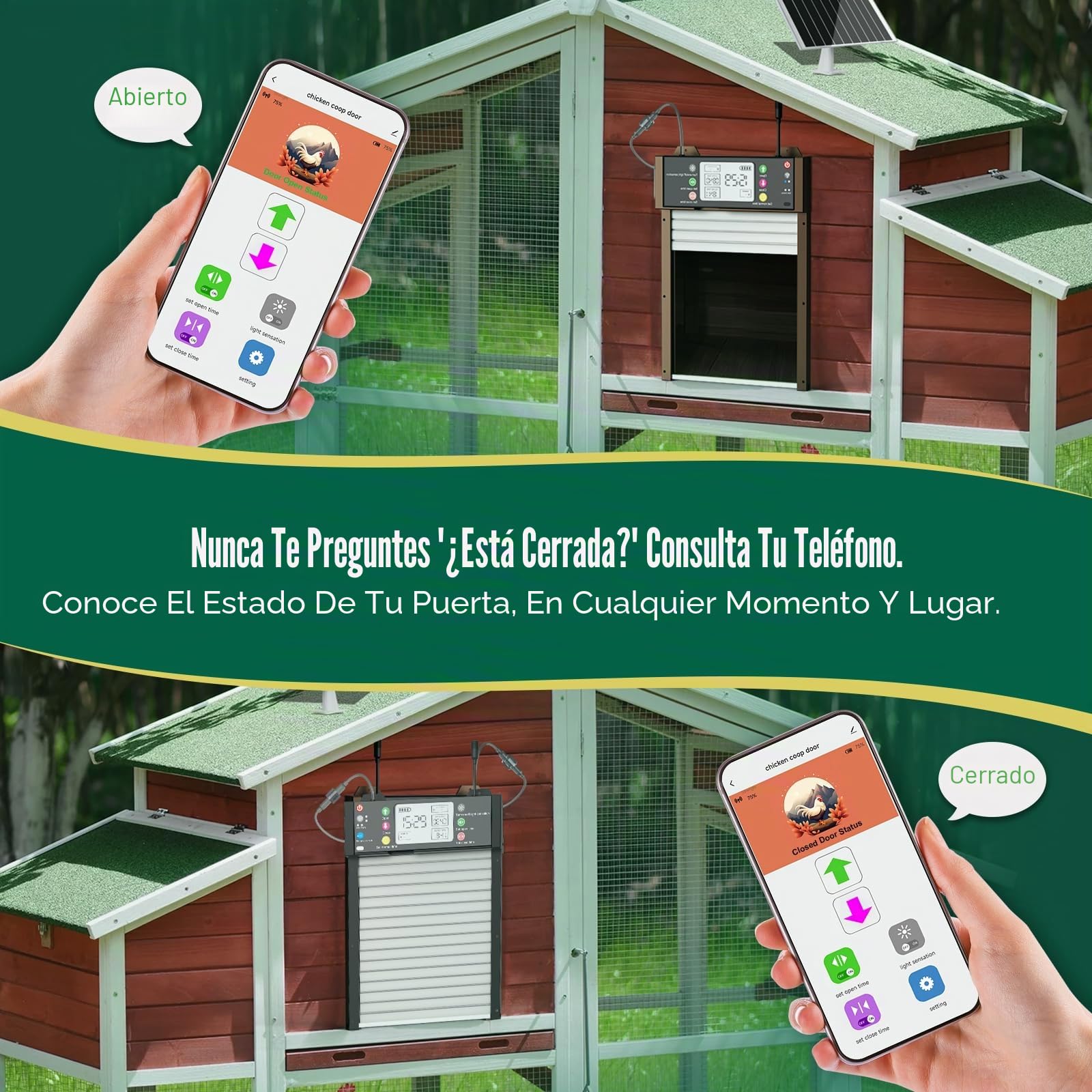 Puerta Automática para Gallinero Solar con App Tuya y Mando, WiFi con Estado en Tiempo Real, Temporizador y Sensor de Luz, Antipinzamiento, Batería 4000 mAh