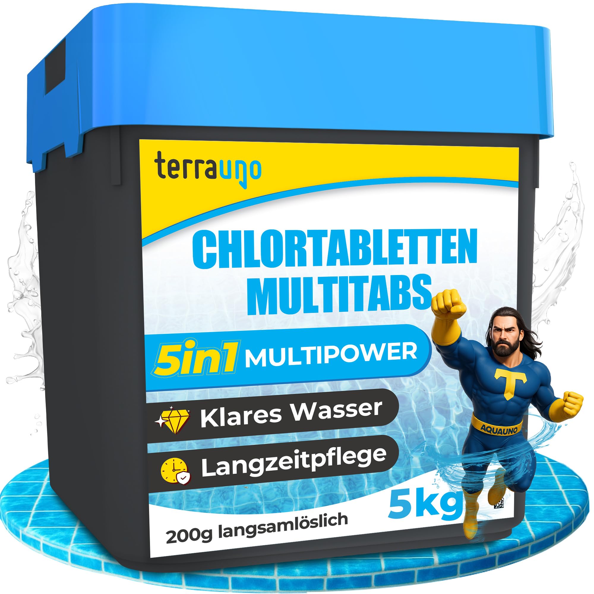 TerraUno Chlortabletten für Pool, Multitabs 5 in 1 für Poolpflege, 5kg je 200g Pool Tabletten langsamlöslich, mit 5 Phasen Power, KristallKlar Effekt, Chlor