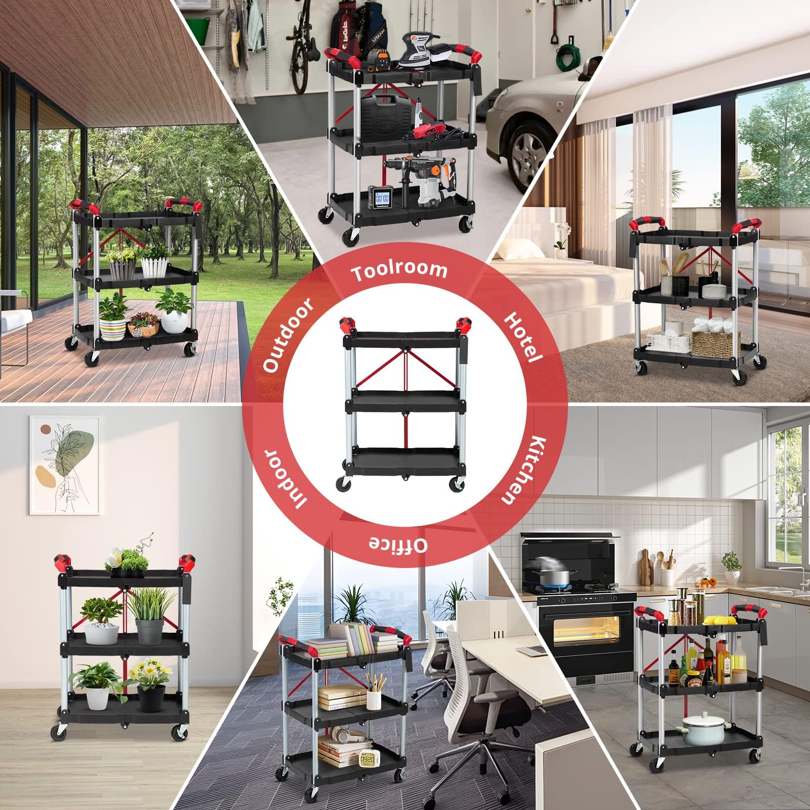 Chariot Pliable à 3 Niveaux, Chariot de Service à roulettes, Capacité 75 kg, Chariot de Cuisine Compact pour la Maison, Le Bureau, Le Garage, 60 x 38 x 83 cm, Noir