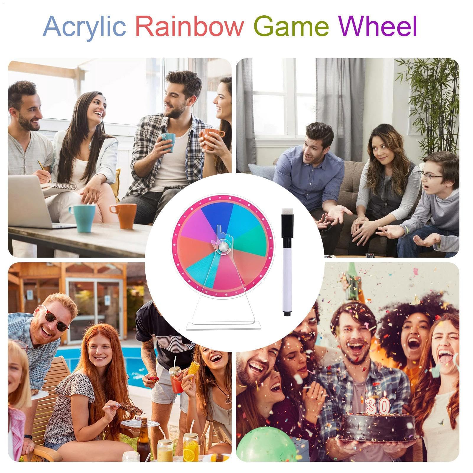 Roue Gagnante Portable 4,92 Pouces – Plateau En Acrylique Effaçable à Sec, Arc-en-ciel, Avec Marqueur – Pour Jeux, Classe Et événements