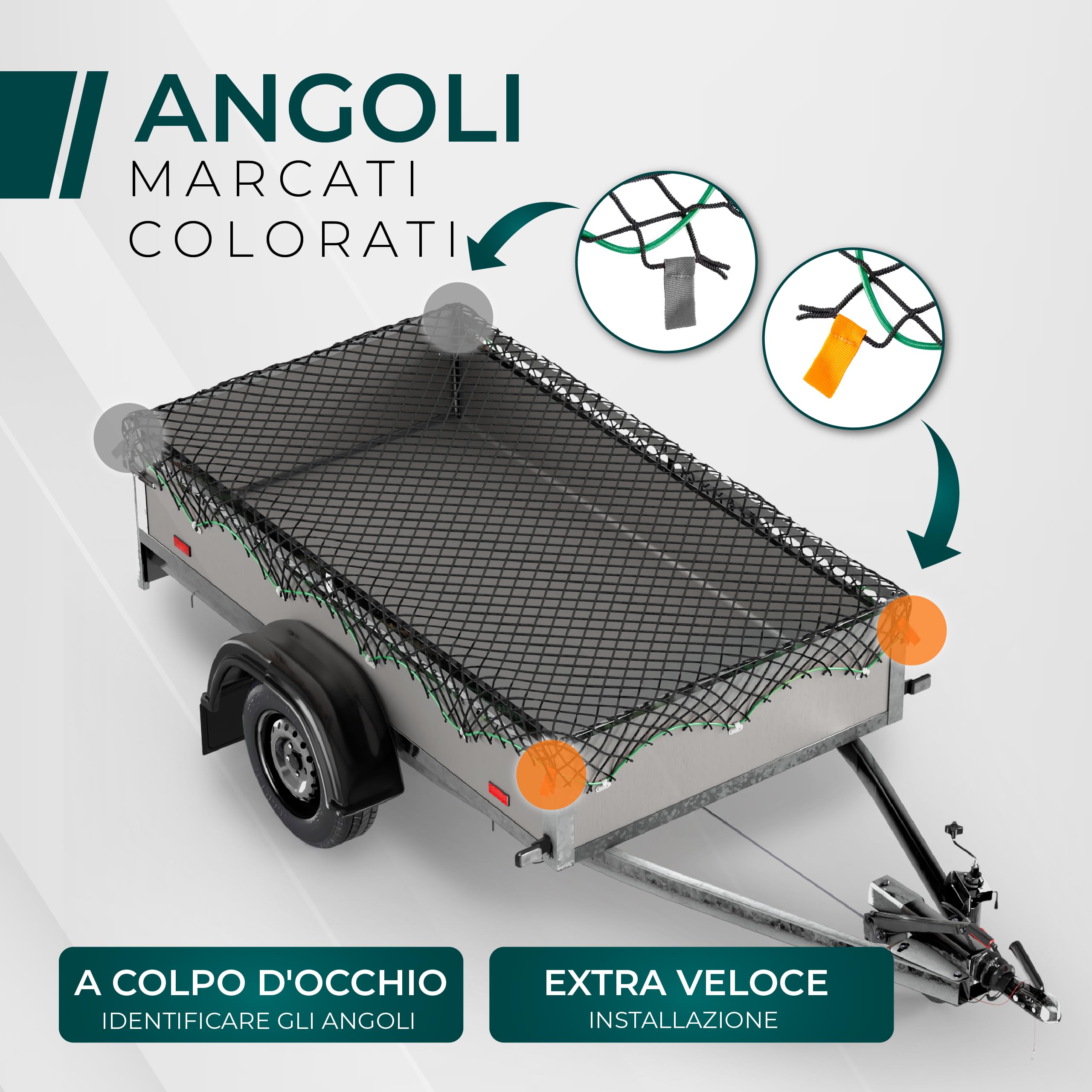 CargoVA - Rete elastica espandibile 1x2 fino a 2x3M - Rete elastica nera con corda elastica e marcatura angolare - per un fissaggio perfetto del carico