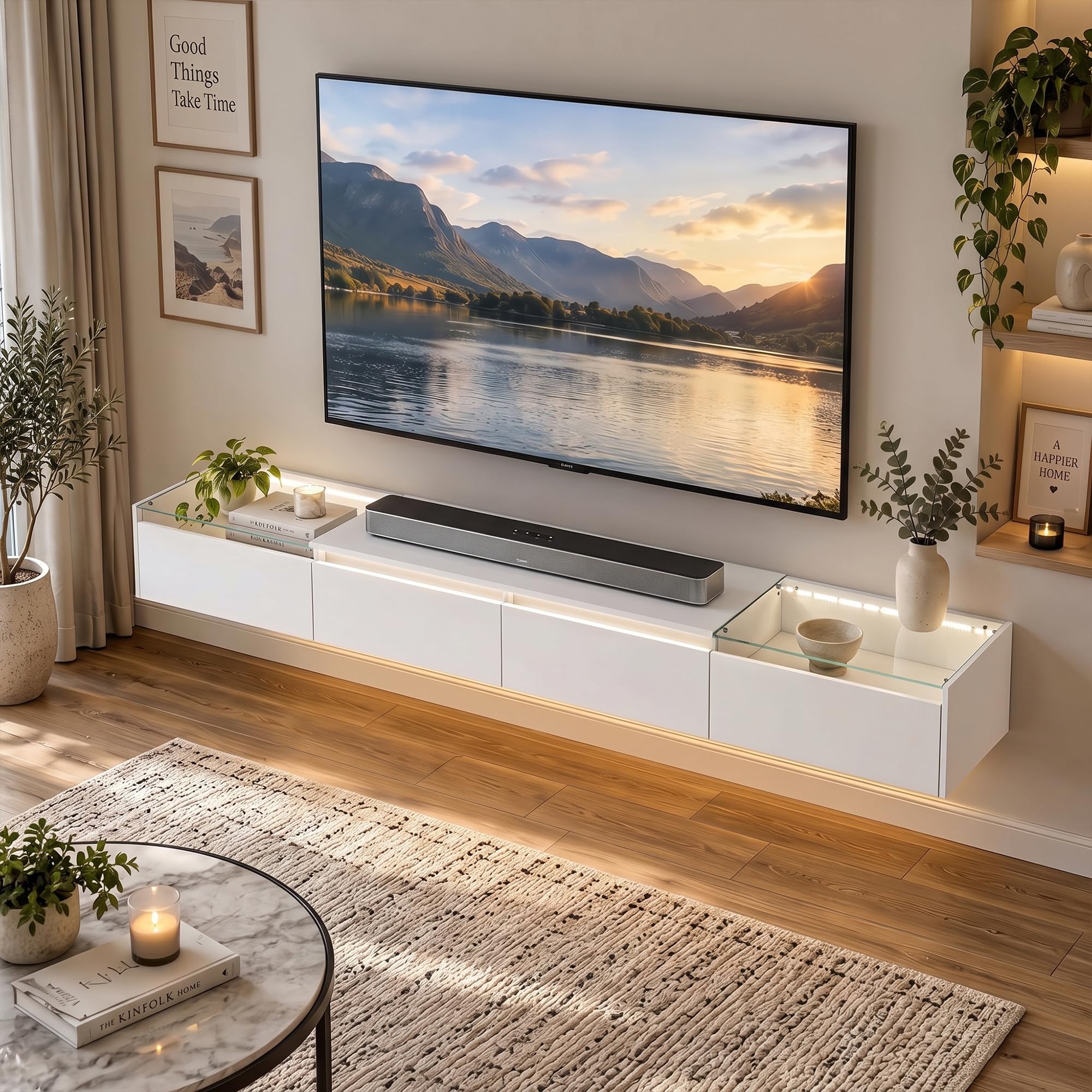 PREMTURE 200cm Floating TV Unit with LED Lights, Glass Display & Storage