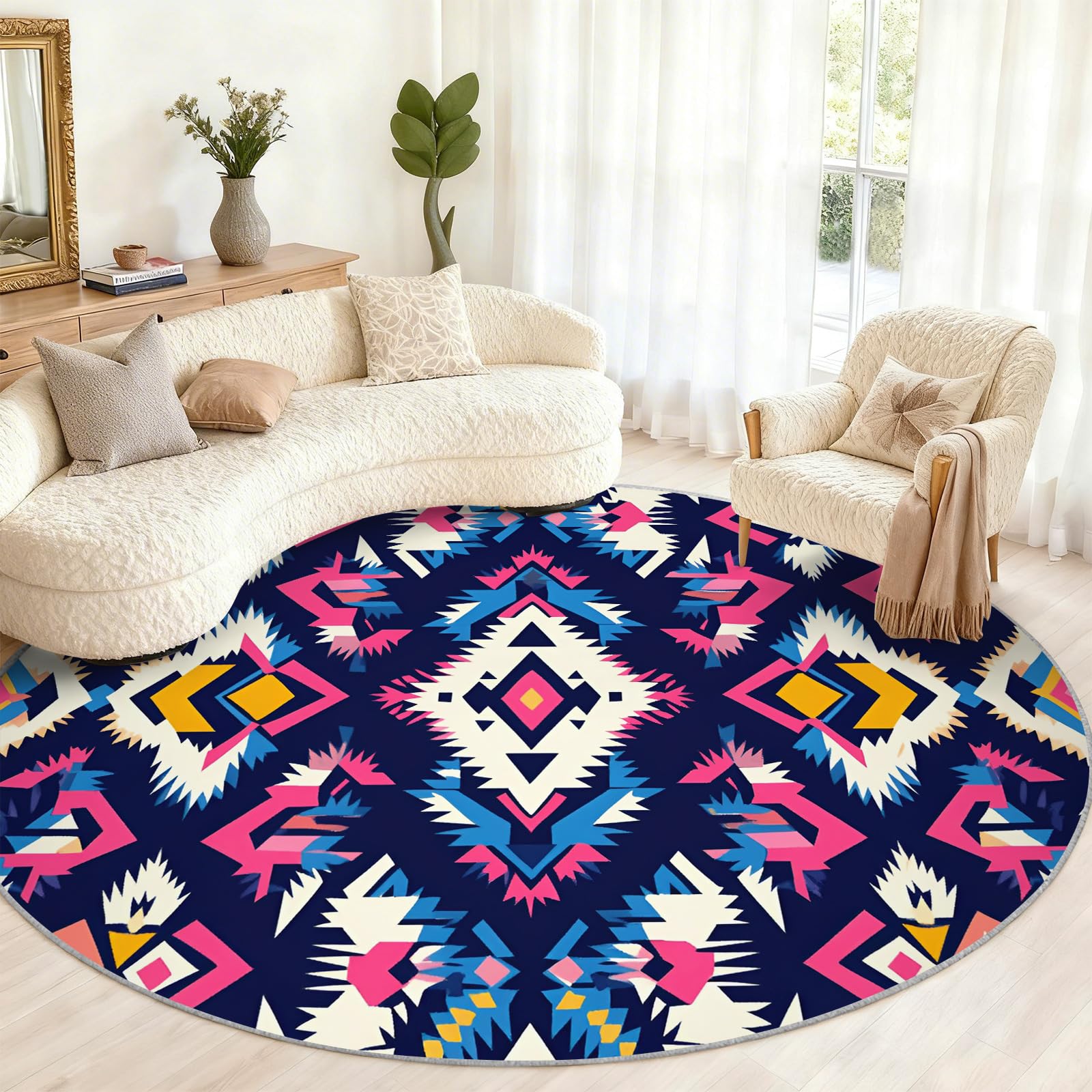 Tapis rond aztèque antidérapant bleu marine pour sécuriser le sol