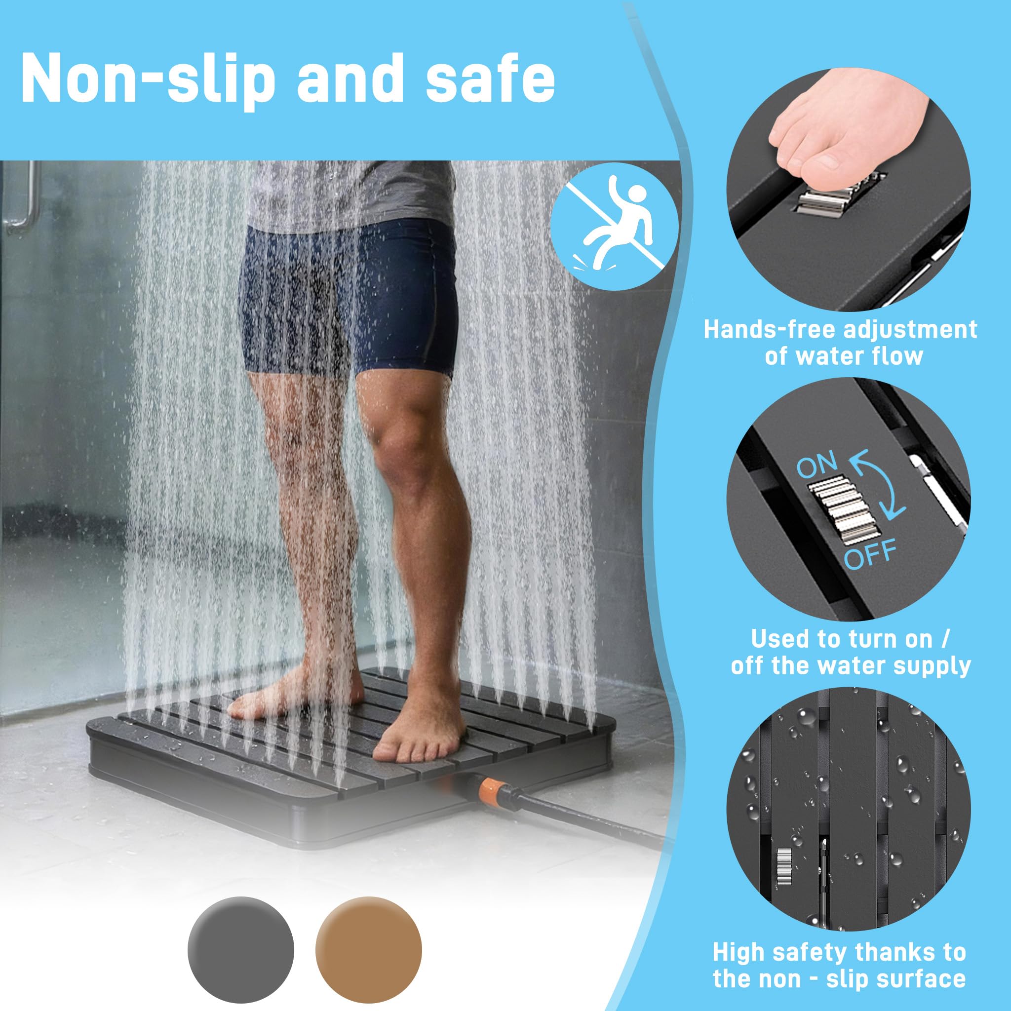 UISEBRT WPC Ducha de jardín con ruedas hasta 4 m de altura de la fuente, antideslizante, resistente a la intemperie y a las heladas y a los rayos UV, ducha exterior para piscina, camping, sauna