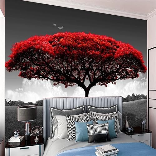 Miniatura 3 de Papel tapiz romántico retro de árbol rojo 3D papel tapiz de fondo negro y blanco papel tapiz de ilustración de bosque para sala de estar y