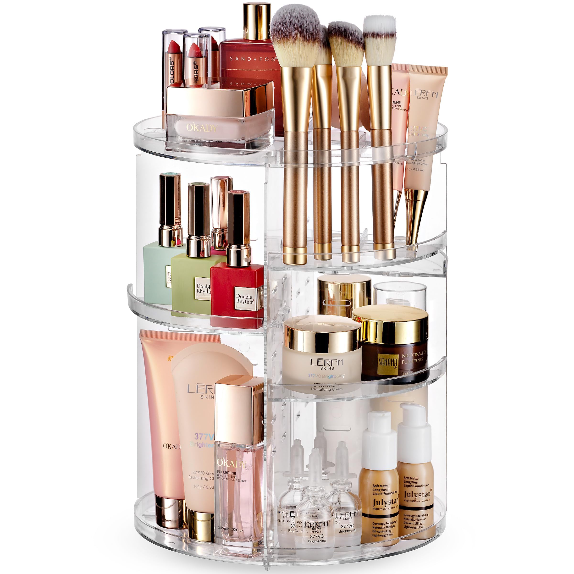 Masirs 360 Rotating Makeup Organizer Countertop - Adjustable Shelf Height - The Perfect Round Spinning Cosmetic Organizer for Bedroom Dresser or Vanity Countertop Storage (Clear)