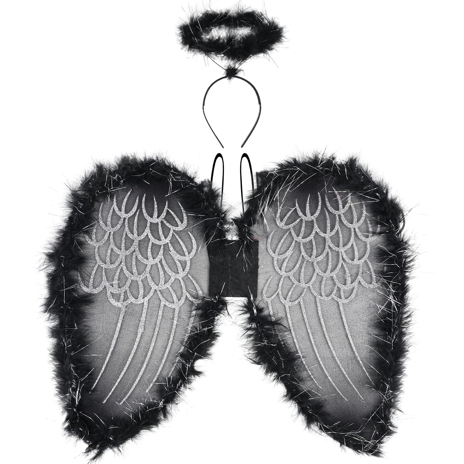 VEYLIN Angel Wings And Halo, Halloween Dark Angel Fairy Wing With Silver Glitter and Halo Dress Women Fallen Angel Outfit (Black)