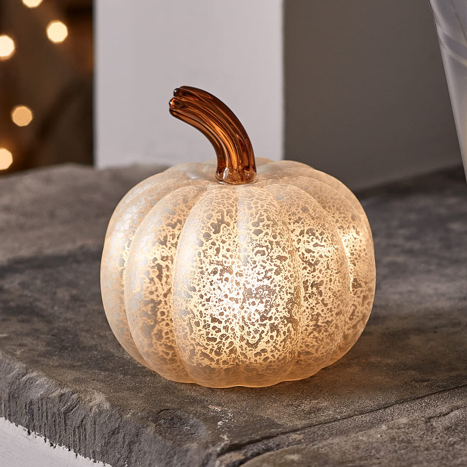 Lights4fun White Mercury Glass Pumpkin Battery Operated LED Autumn Halloween Light Up Decoration 12cm