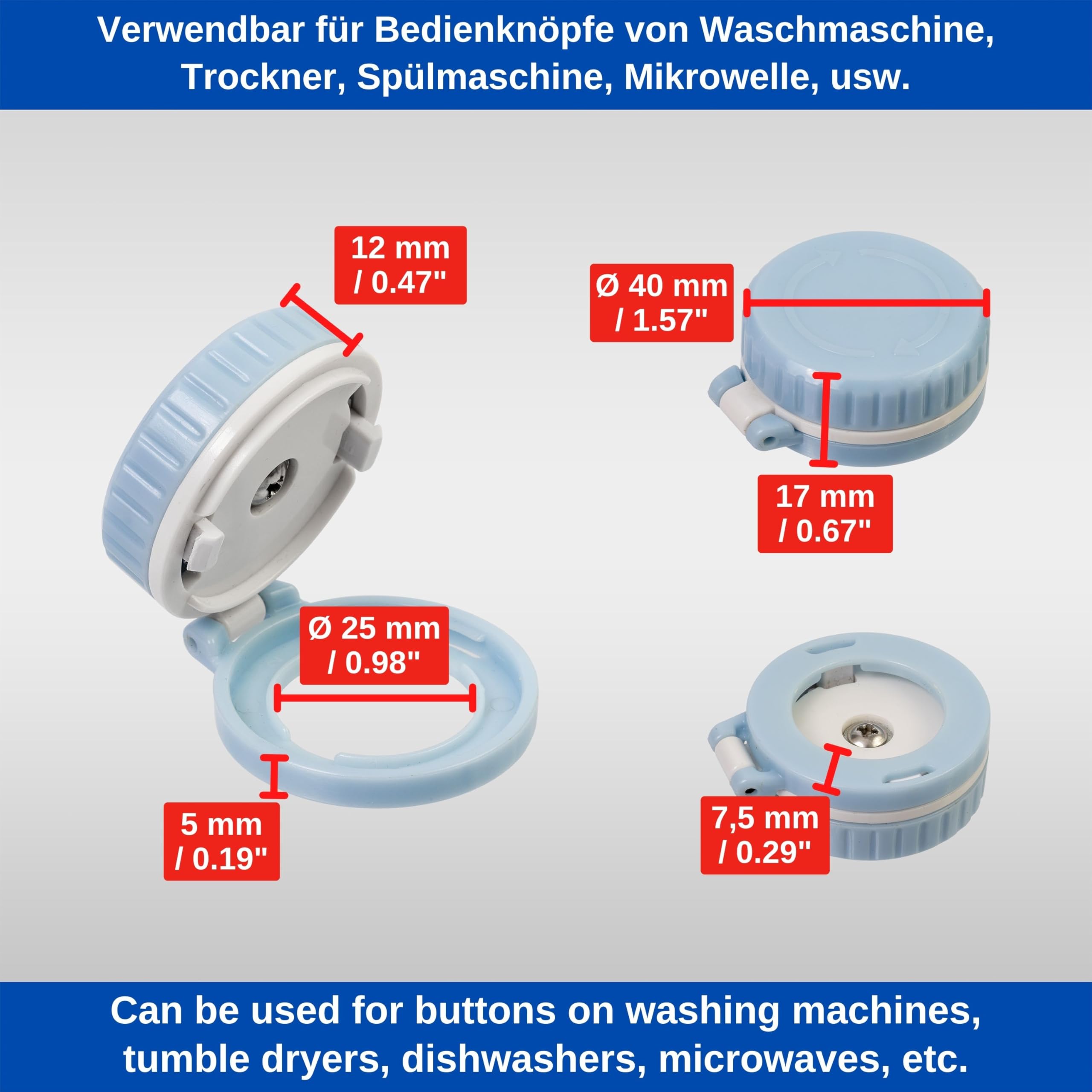 Osłona na guziki, zabezpieczenie przed dziećmi, 2 sztuki, do guzików Ø 25 x 5 mm, niebiesko-białe, do przyklejania, na przyciski do kuchenki, przycisk start-stop, zmywarka, pralka, kuchenka