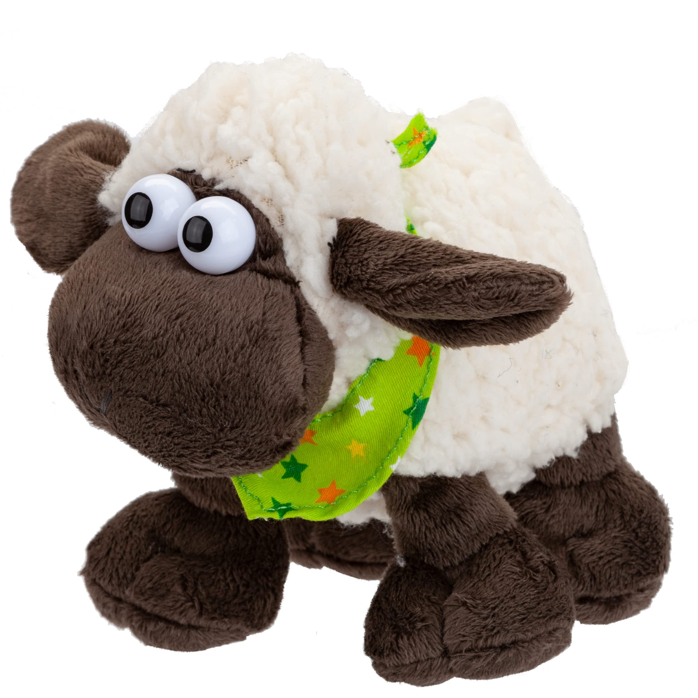 VFM - Woolly Sheep 15cm Plush With Comical Eyes & Green Star Scarf - Super Fluffy Fleece Cream & Brown Fabric Farmyard Animal Toy For Kids - Cuddle Crew
