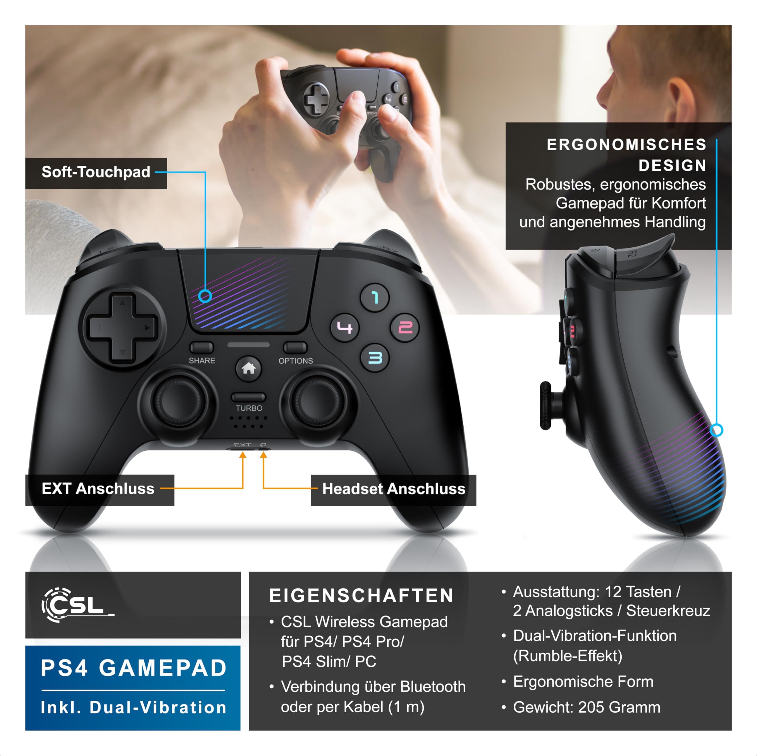 CSL - Wireless Gamepad für PC und PS4 - PC Anschluss - Wireless Controller - Dual Vibration - Headset Ausgang - Turbo Funktion - Touchpad - Share-Taste - eingebauter Lautsprecher