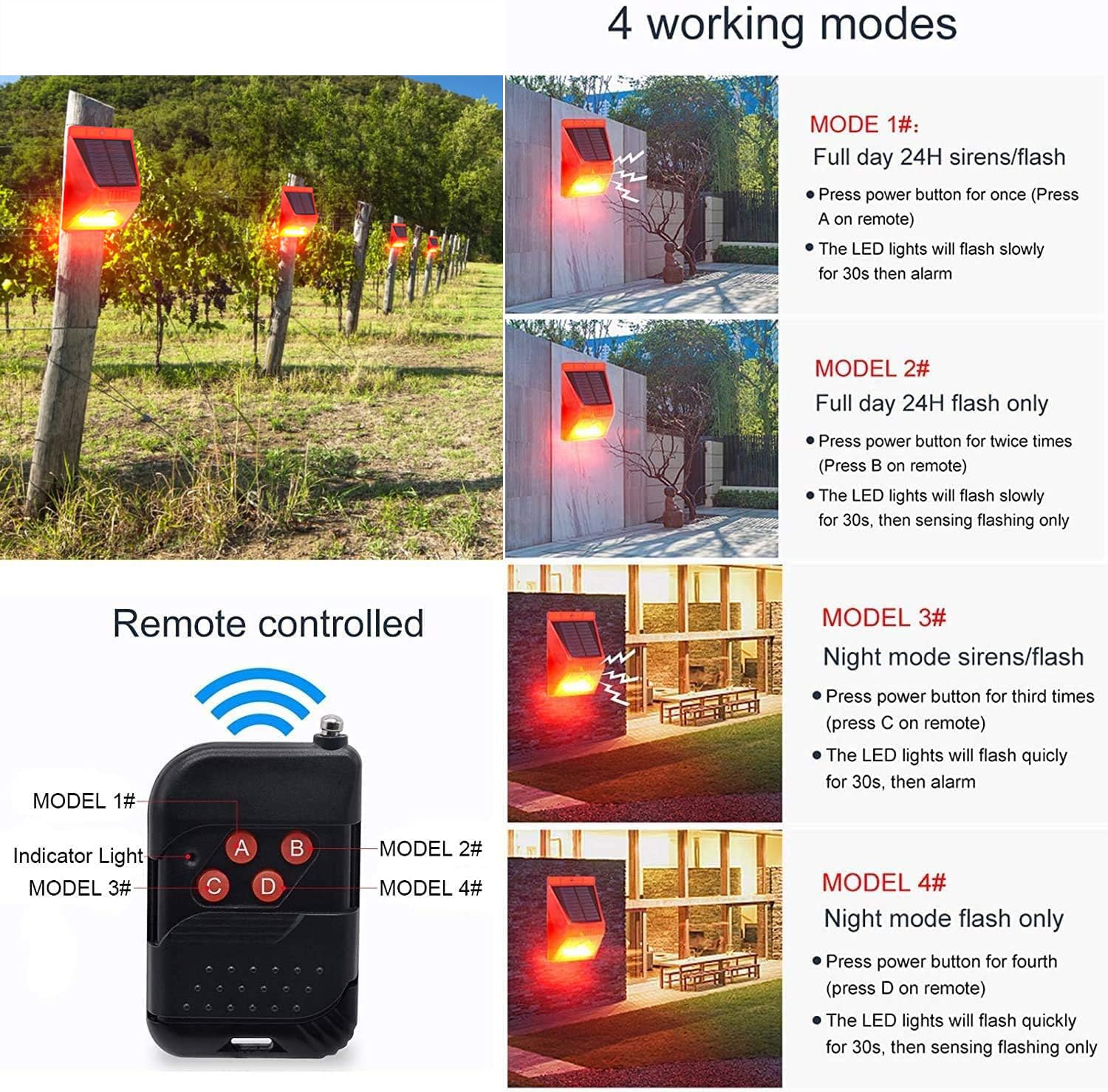 Alarma Solar con Sensor de Movimiento para Exteriores, generador de Ruido de Sirena de 129 dB , 4 Modos de Trabajo,con Control Remoto, para Patio, Granja