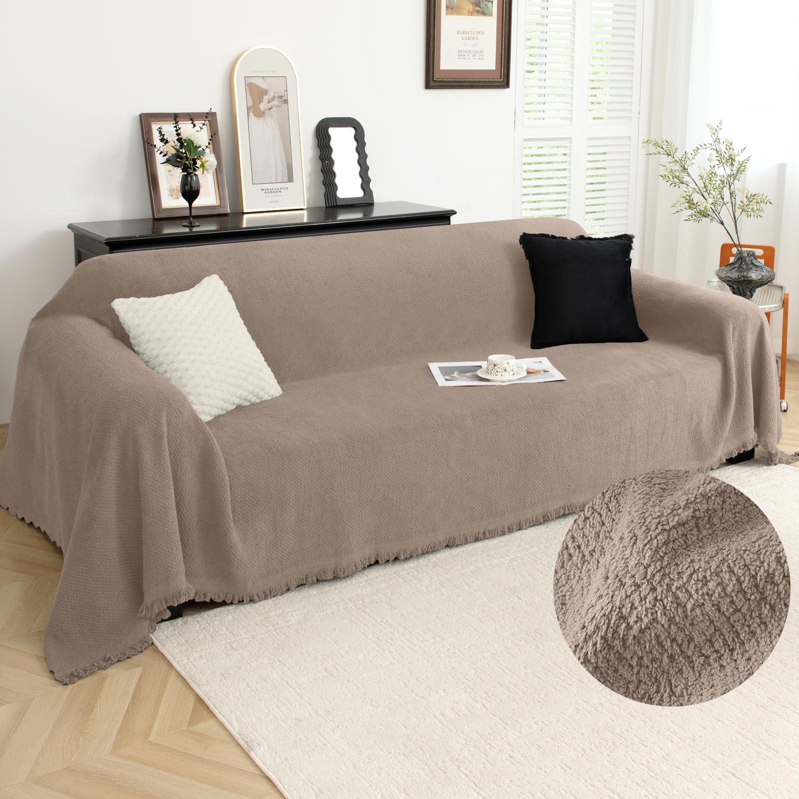 Arfntevss Sofa Covers for 3 Cushion Couch Fleece Sectional Couch Covers with Tassel Soft Plush Sofa Throw Cats Pets 3 Seat Slipcovers Fuzzy 1-Piece