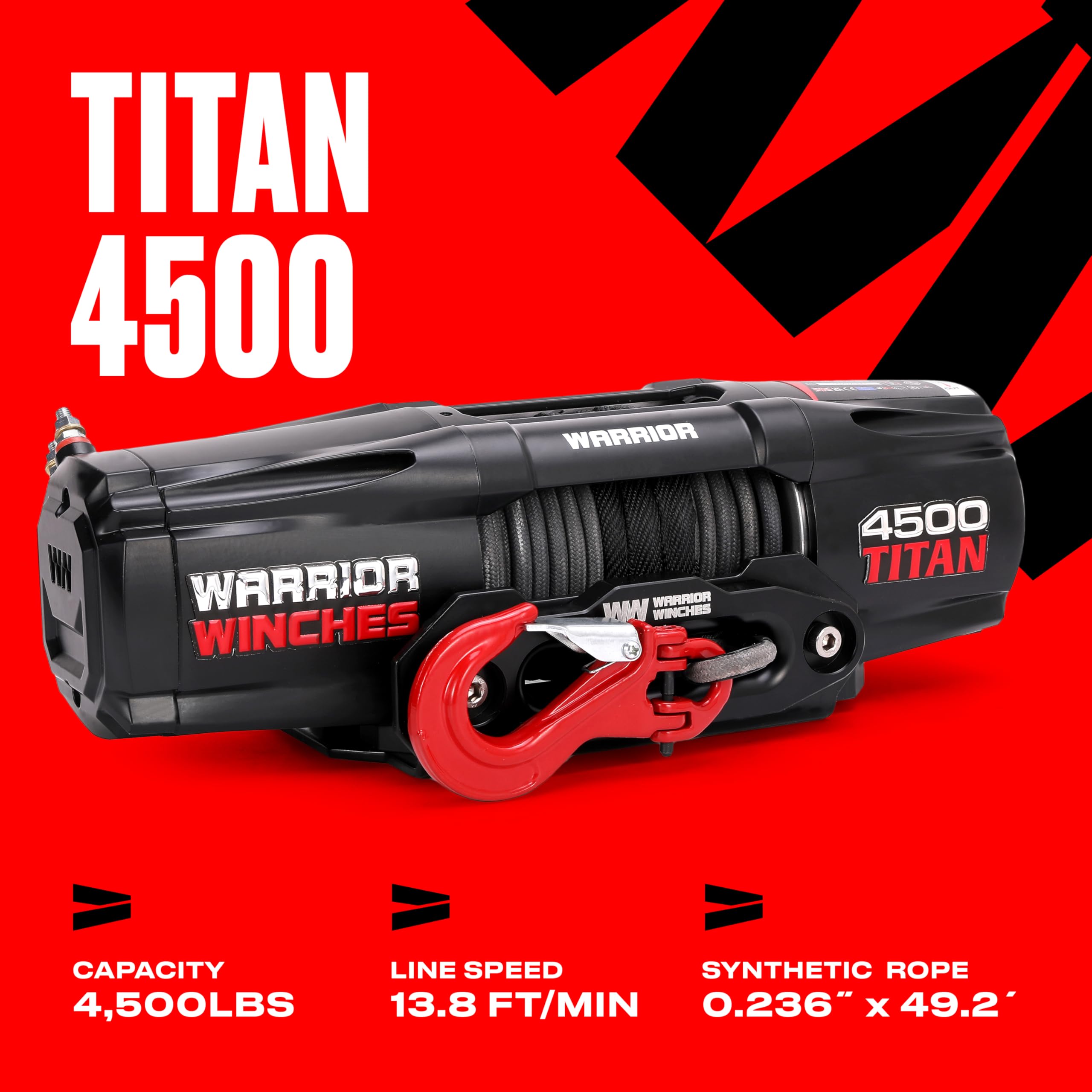 Warrior Winches - Titan 4,500lb Synthetic Rope Electric Winch – 12V, 3.4HP Motor, 166:1 Planetary Gear, Wired/Wireless Remote, Manual Clutch, Spring Brake, ATV/UTV Winch