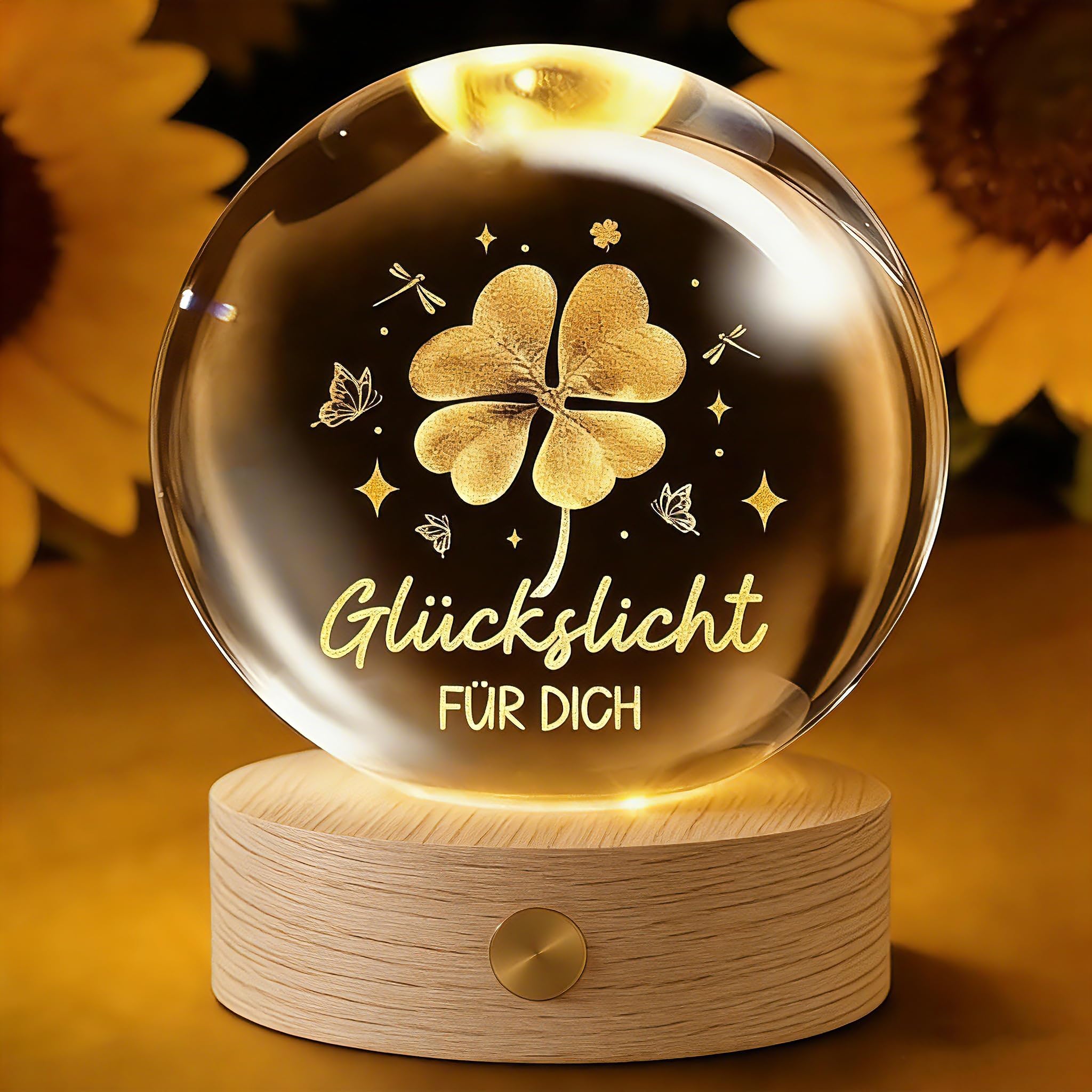 Glücksbringer,60mm Aufladbar LED Glaskugel Deko Lampe Glücksbringer Prüfung mit Holzsockel,Kristallkugel Stimmungslicht Deko Wohnzimmer Geburtstagsgeschenk Geschenke für Frauen Geburtstag Freundin (A)