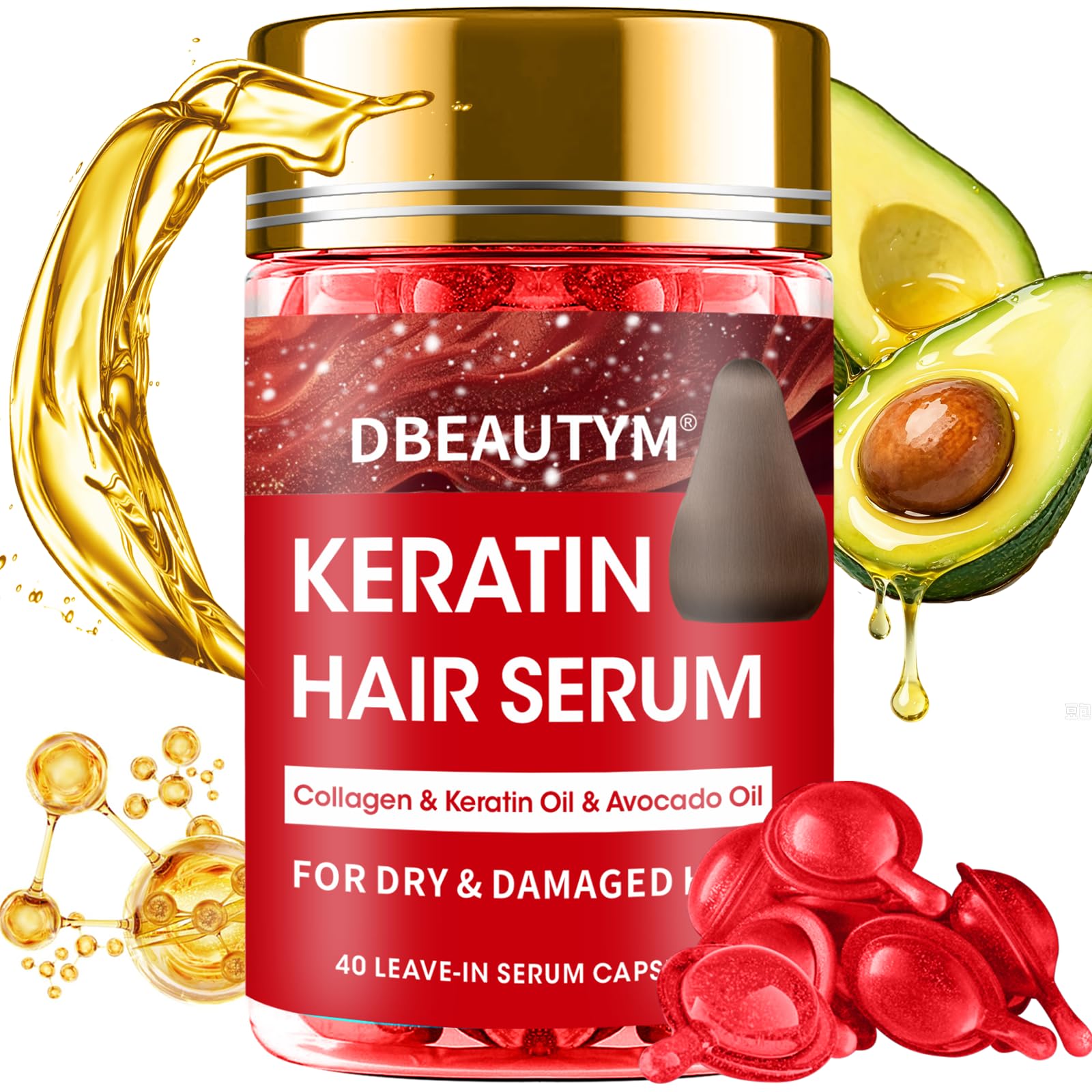 Keratin Hair Treatment,Hair Serum for Frizzy & Dry Damaged Hair,Hair Oil Capsules with Keratin,Avocado Oil,Vitamins A, C, E & B5,Heat Protectant Anti Frizz Leave in Conditioner for All Hair Type