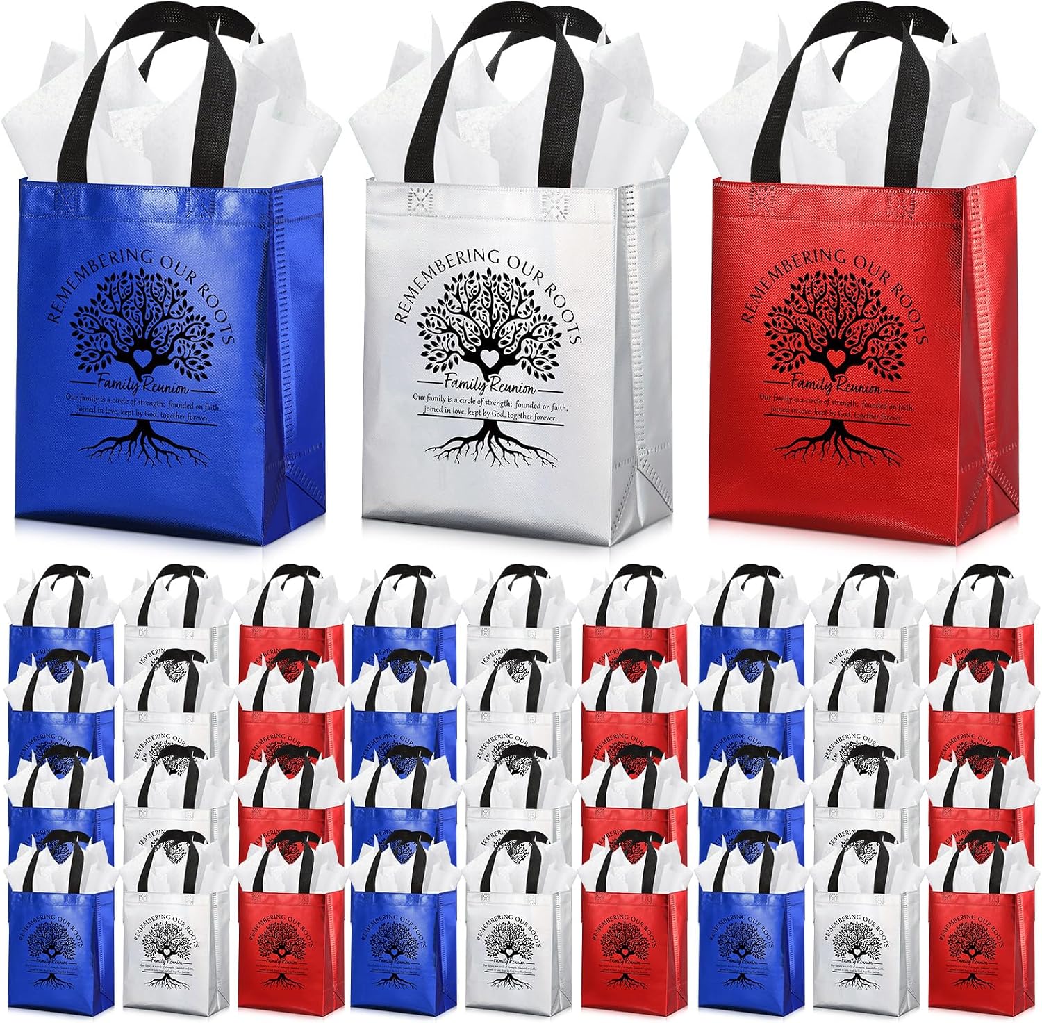 Kolldenn 48 Sets Family Reunion Favors Family Reunion Gift Bags with Handle Tissue Paper Remember Our Roots Reusable Non-woven Tote Bag for Guest Gathering Party Gifts, 8 x 4 x 10 in (Red,White,Blue)