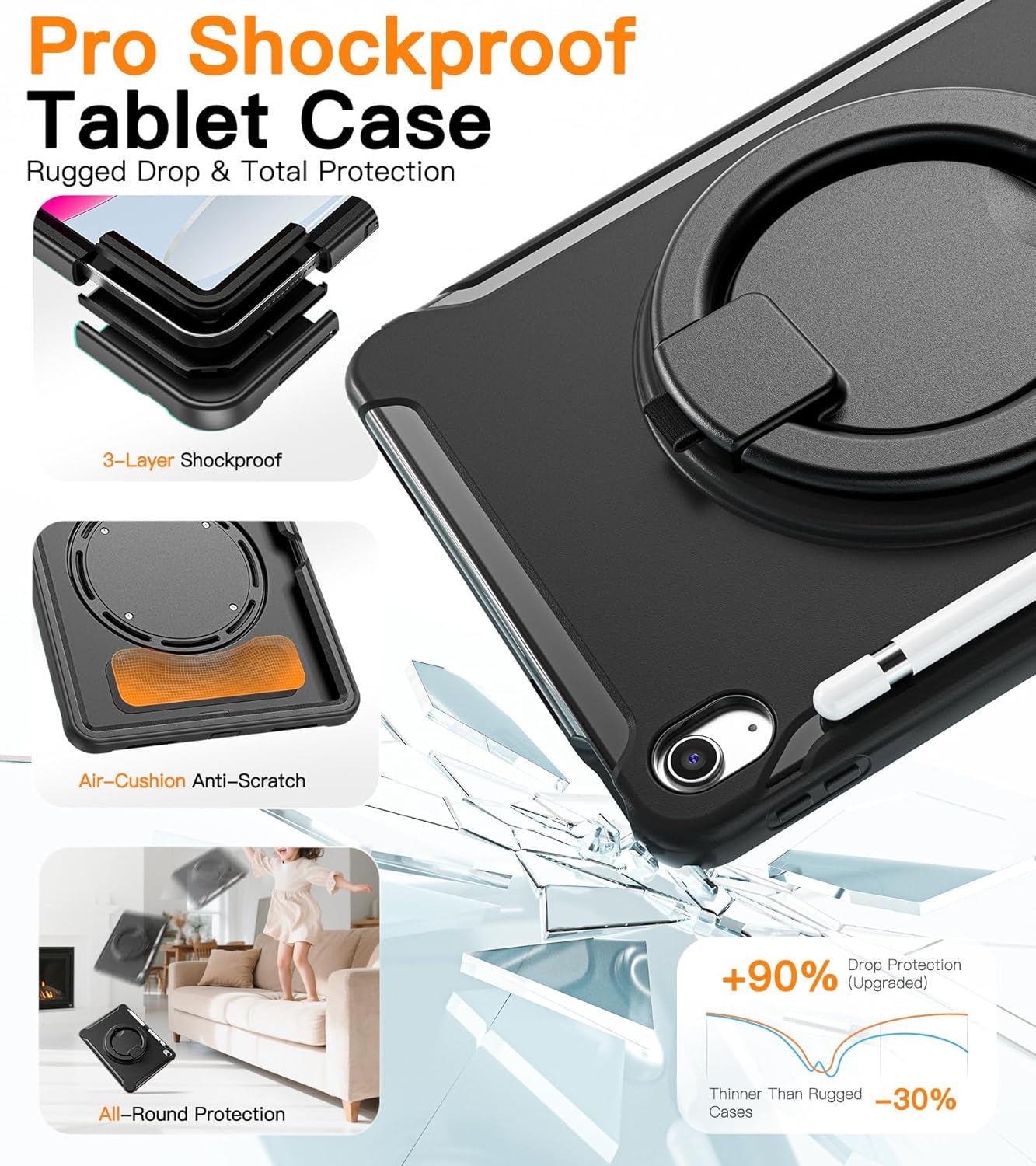 BATYUE Shockproof Case for iPad 10th Gen 10.9" 2022 / 11th Gen (A16) 11" 2025 | 360° Multi-Angle Stand (Portrait & Landscape) & Grip, Built-in Screen Protector, Pencil Holder, Black