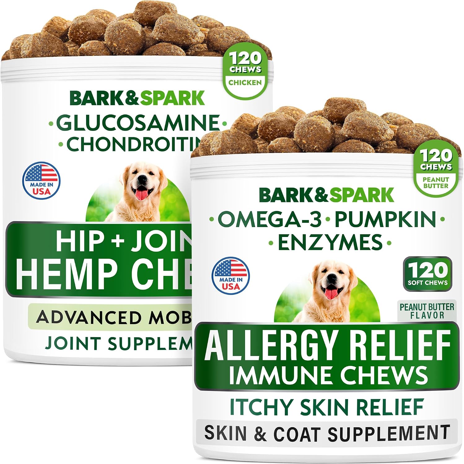 Allergy Relief Dog Treats + Hemp + Glucosamine Bundle - Itchy Skin Relief + Joint Pain Relief - Pumpkin, Enzymes + Hemp Oil, Chondroitin w/MSM, Omega 3 - Seasonal Allergies - 240 Chews - Made in USA