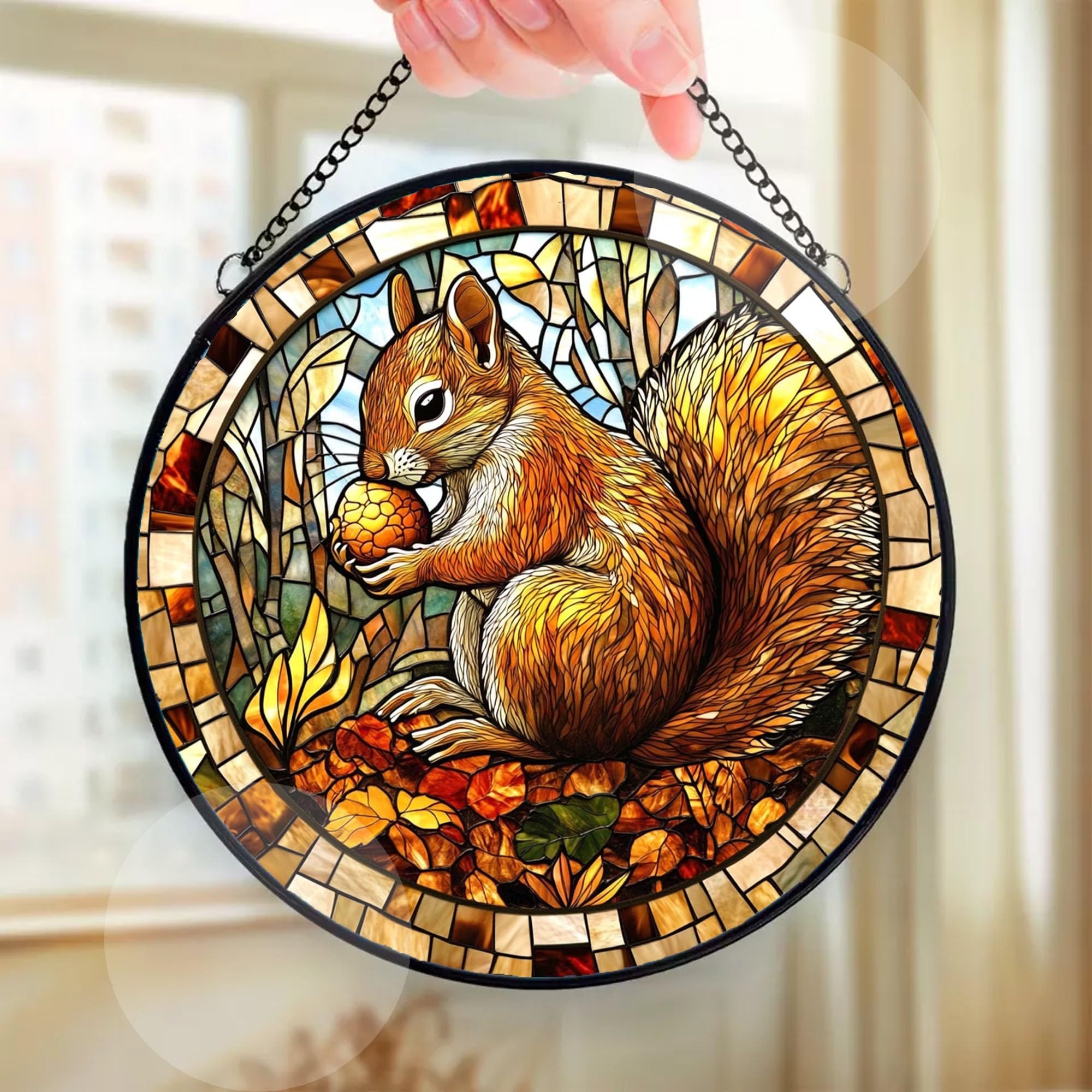 Christmas Squirrel Stained Glass Sun Catcher-Forest Squirrel Stained Glass Window Hanging Sun Catcher Halloween Haning Ornament Decoration Christmas Birthday Gifts for Lover and Friends H7Xqrp