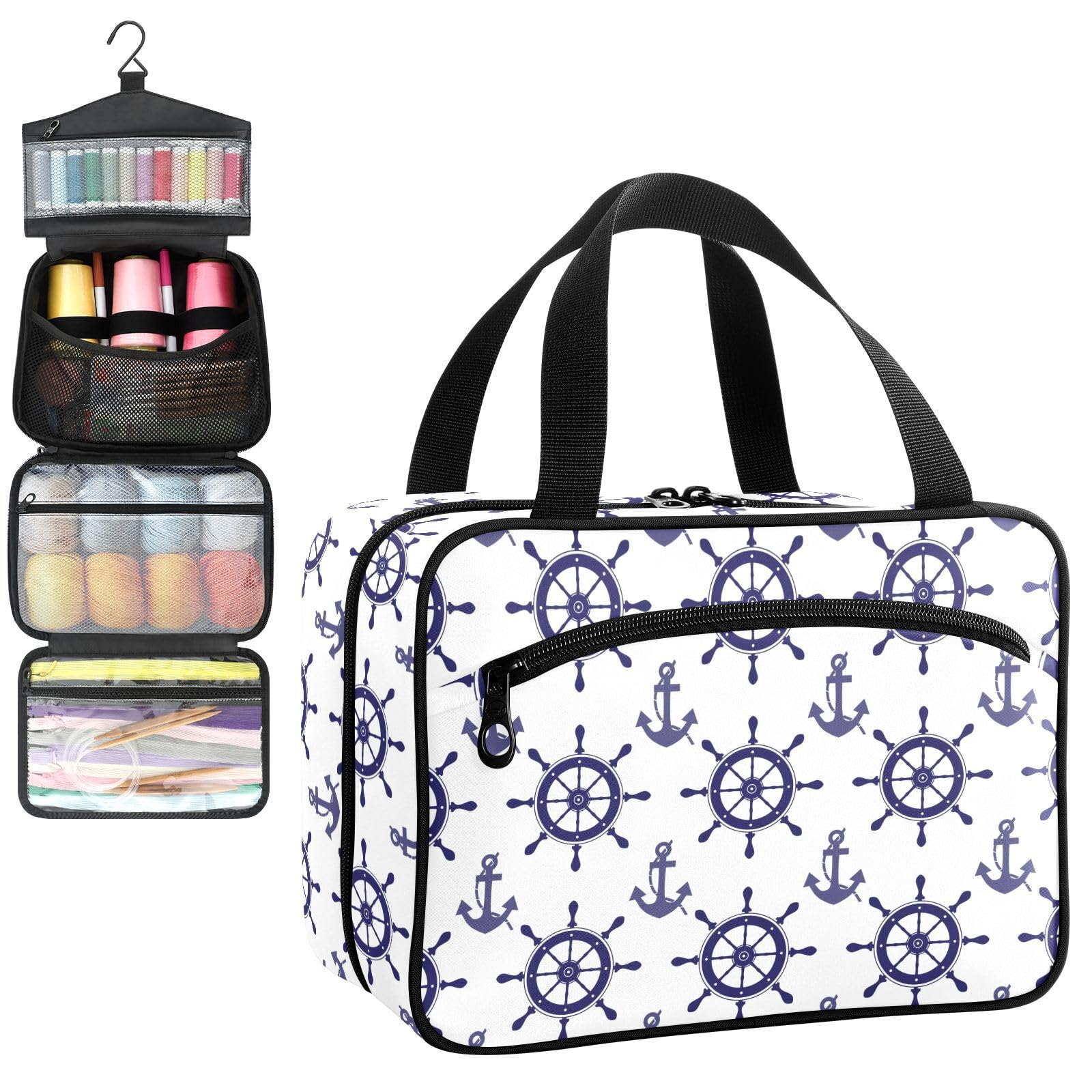 YNNALE Sewing Supply Organizer Bag, Ocean Compass Anchor Portable Sewing Bags with Pockets&Hanger, Sewing Storage Box Case for Sew Supplies/Kit/Tools/Accessories (BAG ONLY)