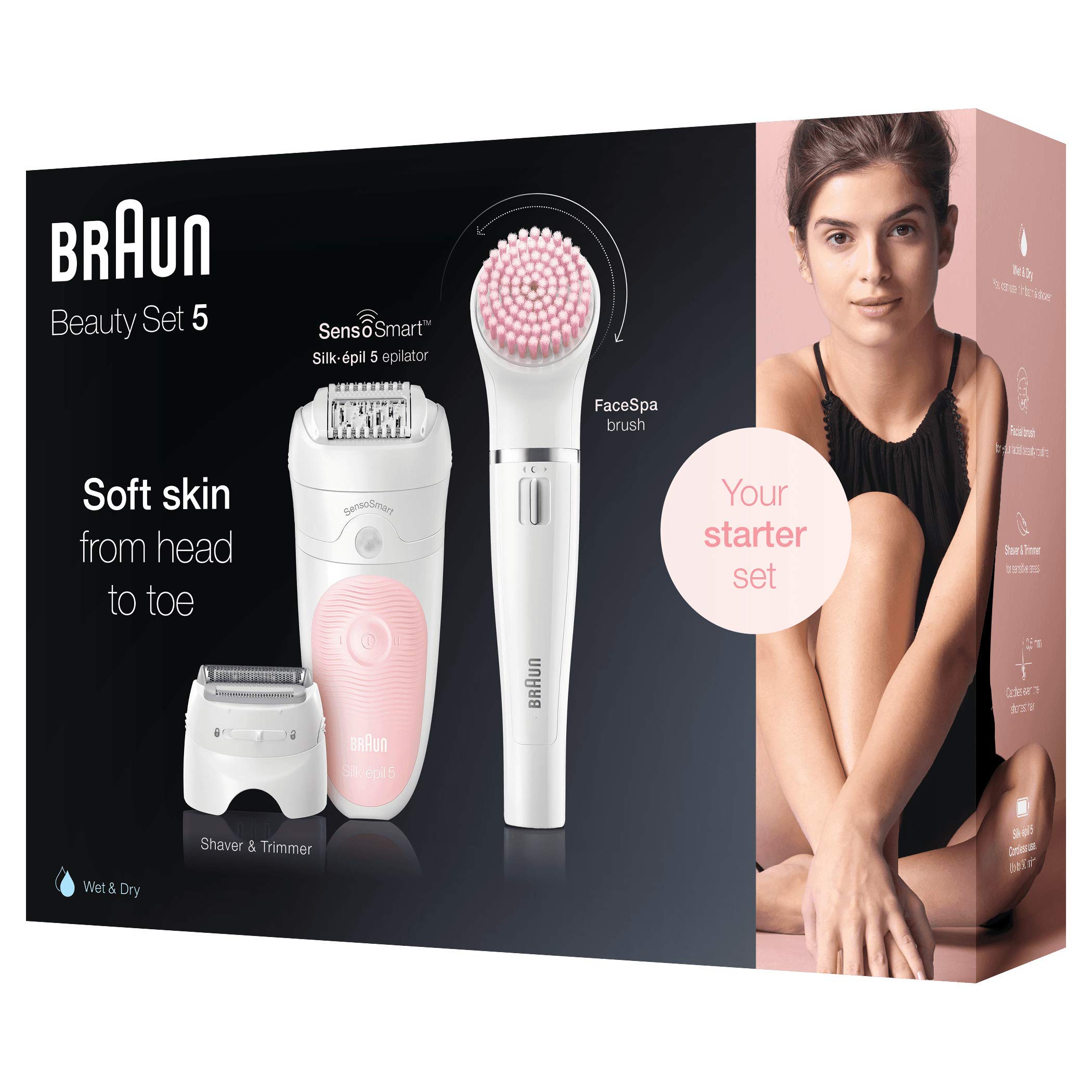 Braun Silk-épil Beauty Set 5 Starter Wet&Dry 5-885 - Depiladora Mujer 4 en 1 Inalámbrica