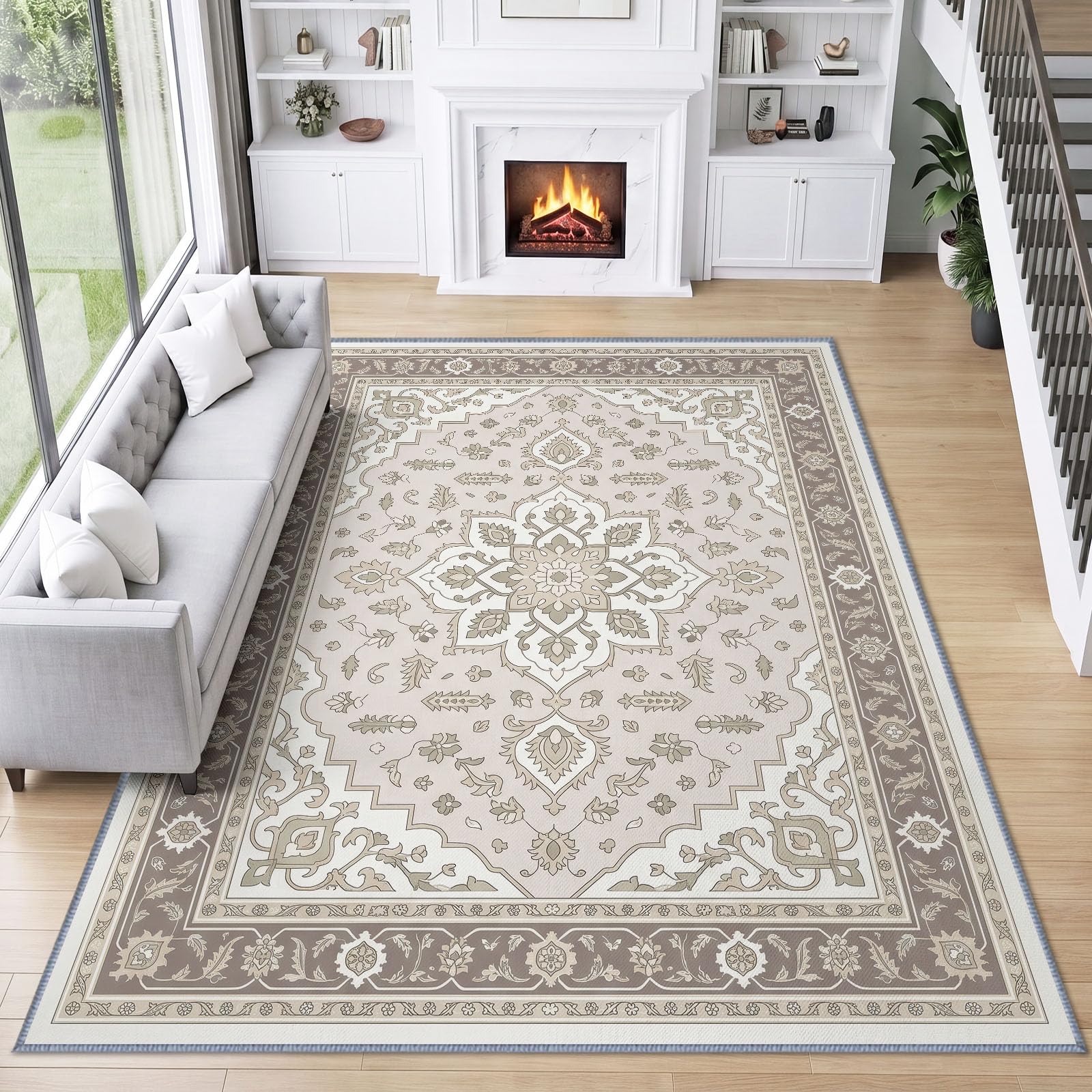 Générique Médaillon Floral Crème Tapis Poils Ras 120x170 cm