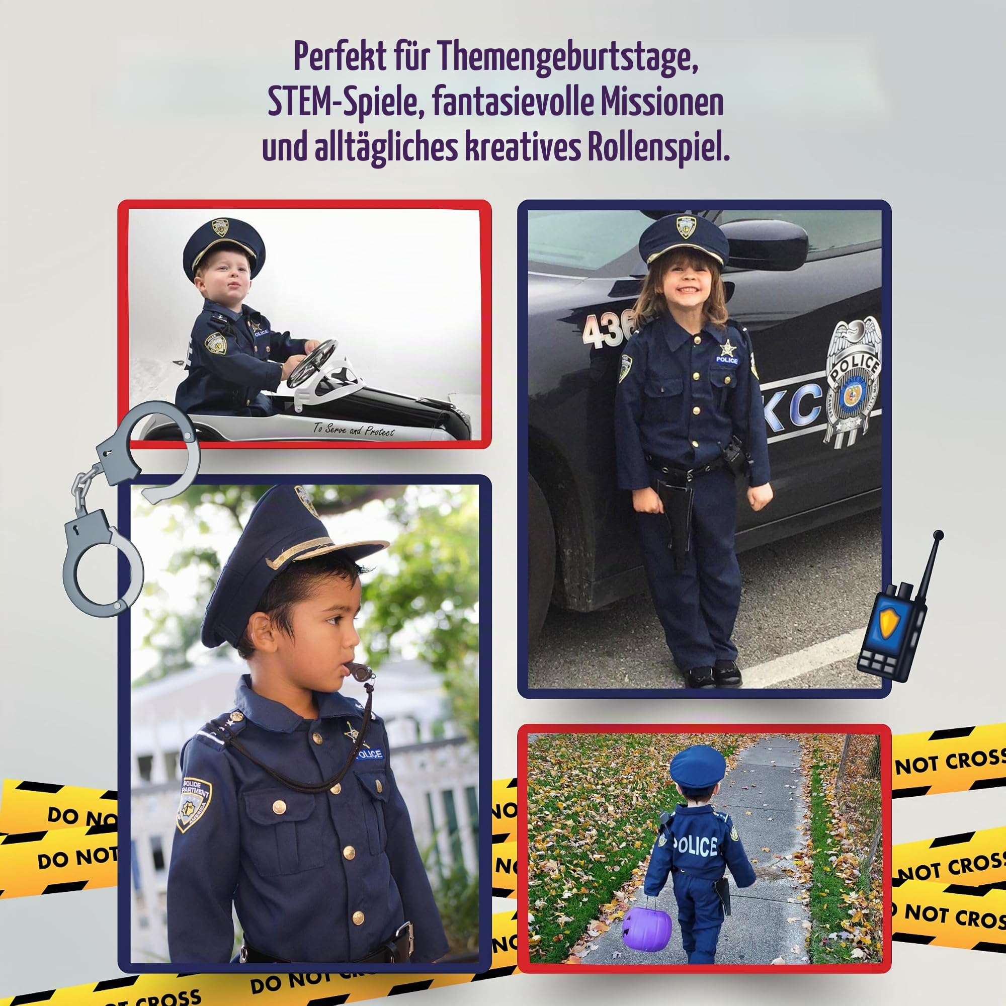 Dress Up America Polizeikostüm für Jungen – Hemd, Hose, Hut, Gürtel, Trillerpfeife, Pistolenhalfter und Walkie-Talkie-Cop-Set, Blau