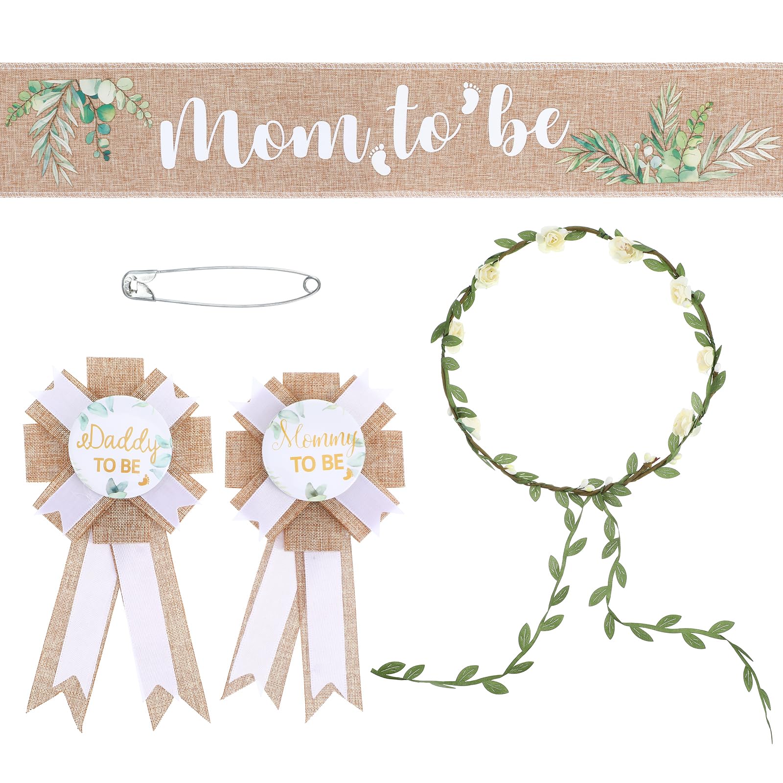 5Pcs Mom to Be Sash Dad to Be Pin Neutral Burlap Baby Shower Decorations Eucalyptus Corsage Sash and