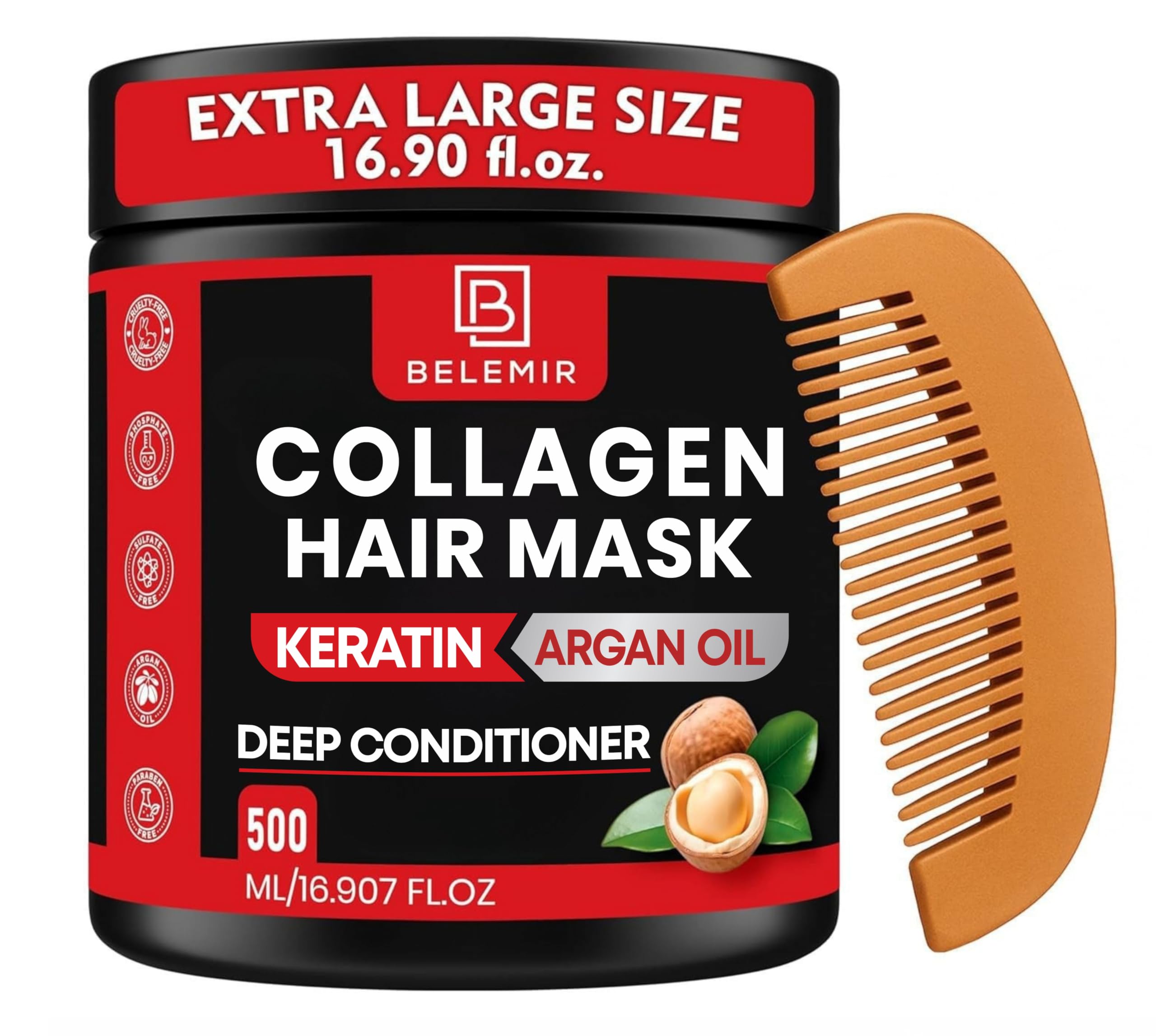 Collagen & Keratin Hair Mask for Damaged, Frizzy Hair – Deep Conditioner with Argan Oil – Promotes Hair Growth, Repairs & Strengthens – Sulfate & Paraben-Free – 16.9oz + Wooden Comb