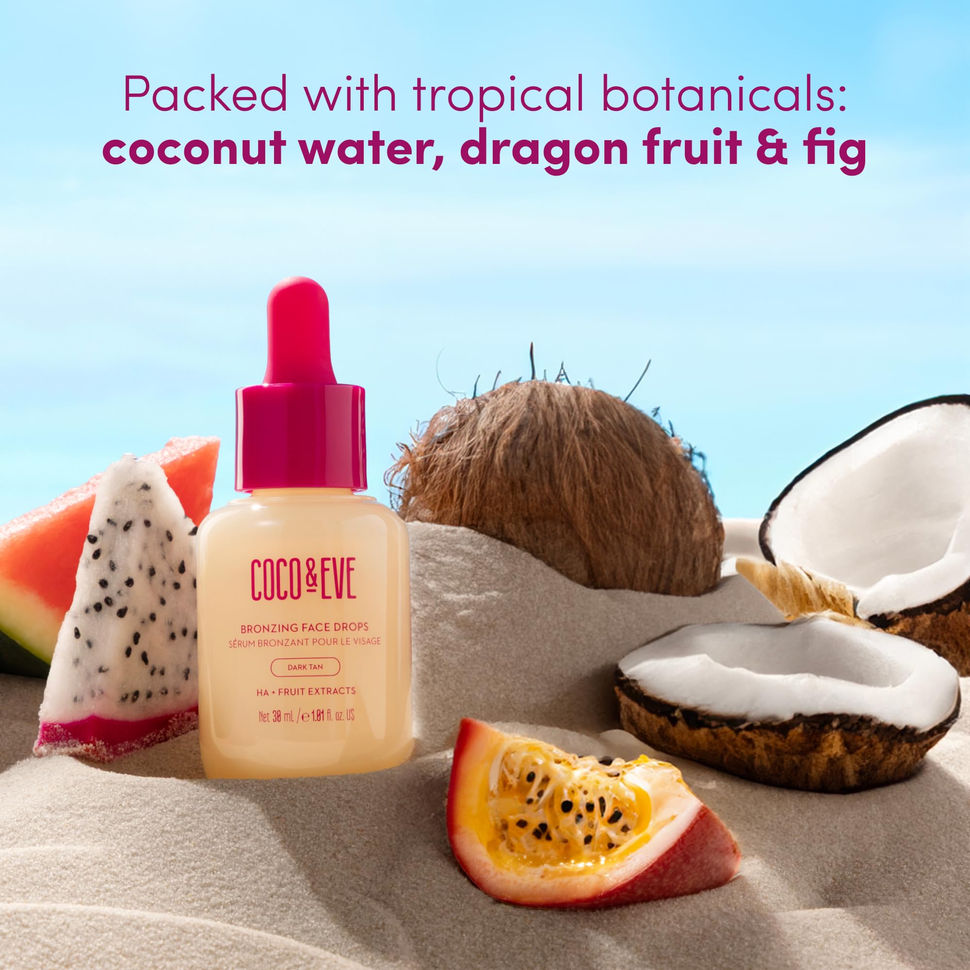 Coco & Eve Sunny Honey - Bronceador facial en gotas - Hidratante con ácido hialurónico - Sérum de bronceado gradual y natural - Para estar moreno sin exponerse al sol - 30ml (Oscuro)