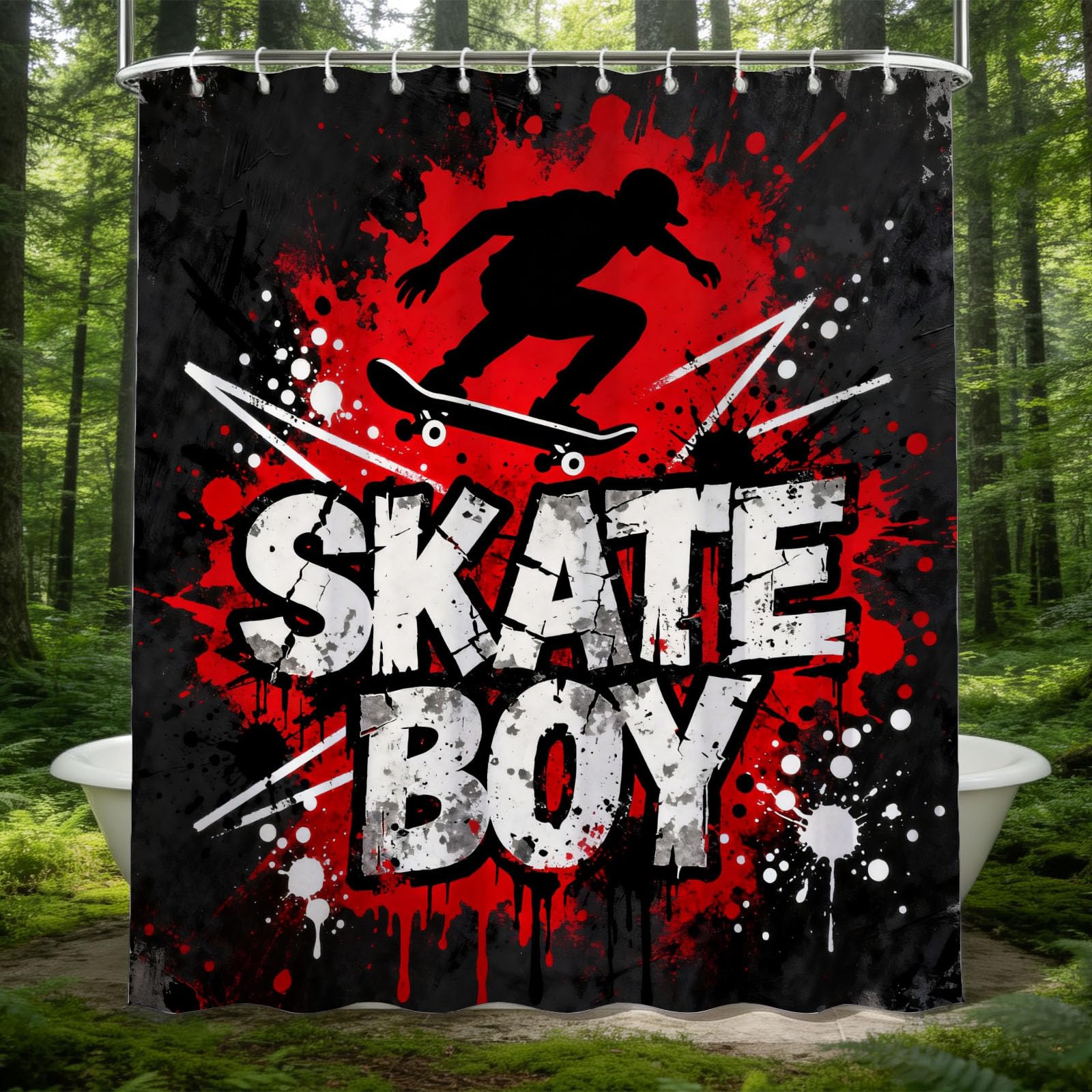 Hongduo Boys White 3D Skateboard Shower Curtain For Stalls Bathtubs Street Culture Theme Bathroom Decor Shower Curtain Set Polyester Fabric Waterproof 180X200cm/71X79 Inch With Hooks