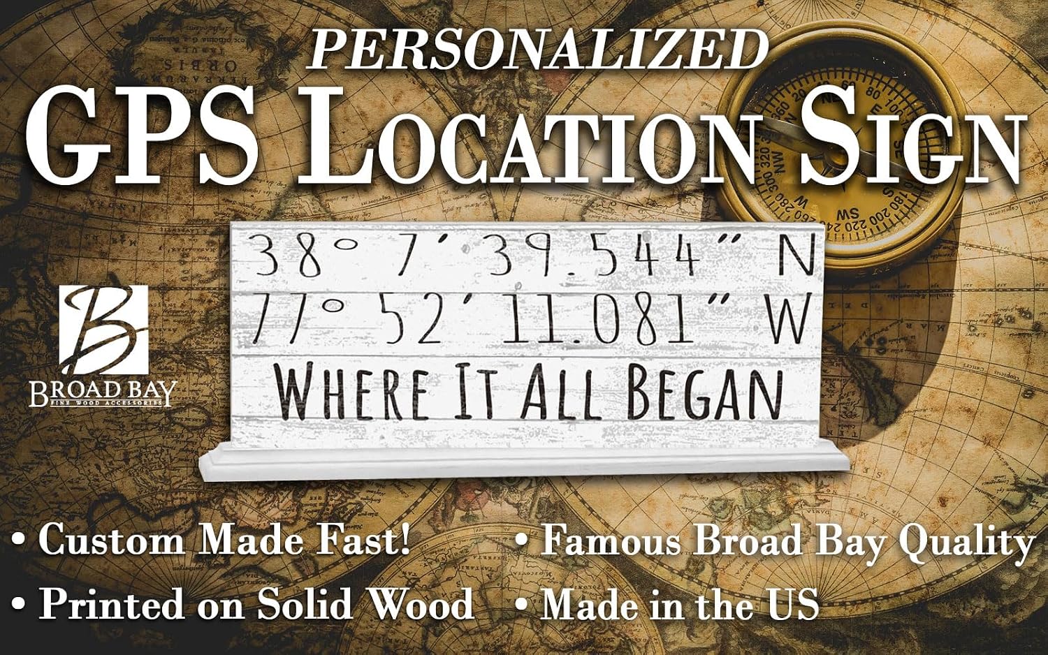 GPS Coordinates Sign Custom Latitude Longitude Location Personalized Wooden Home Decor Gift For Mantel or Shelf - SOLID WOOD 16.5in x 6in (Farmhouse Simple)