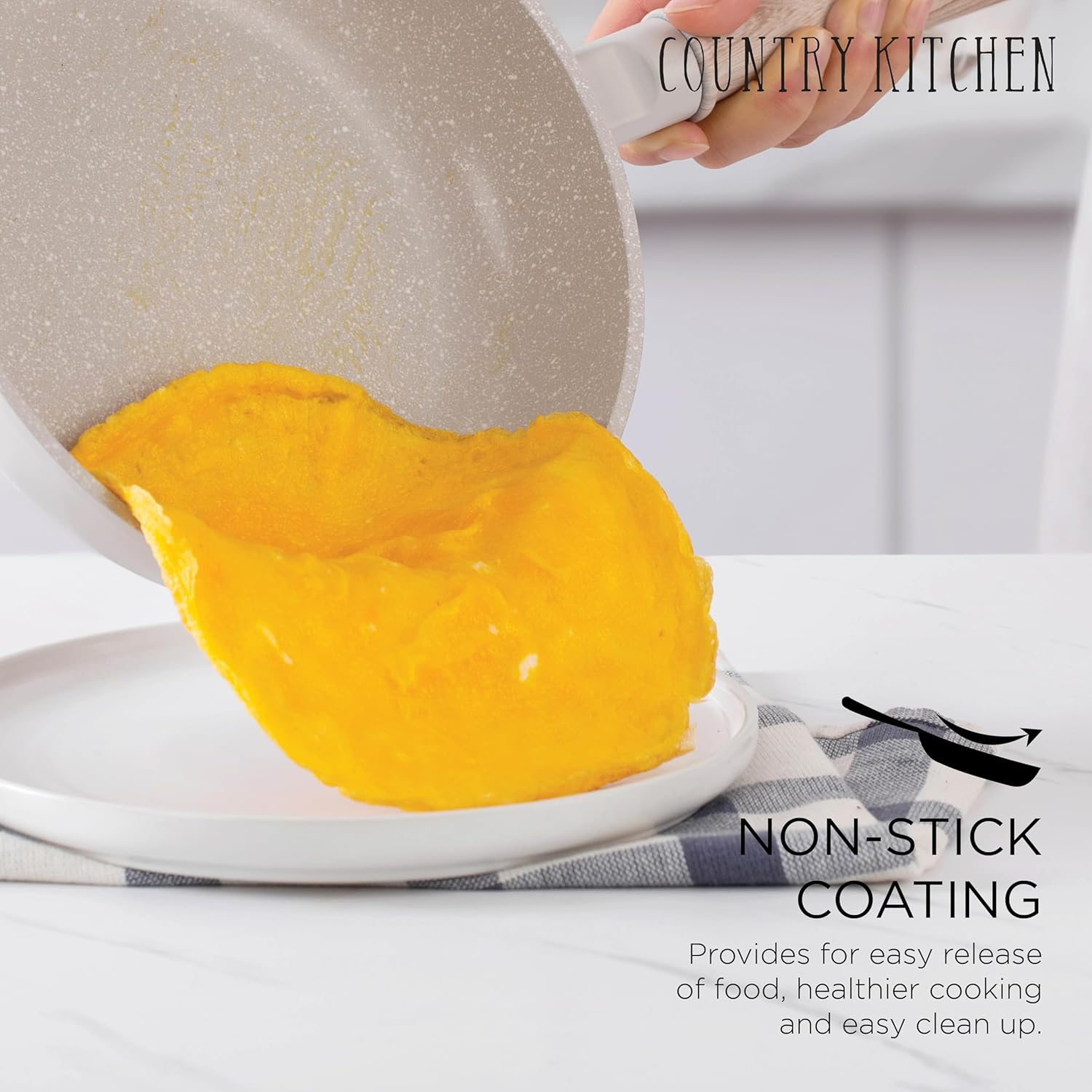 Country Kitchen Non-Stick Cast Aluminum Cookware Set - Durable Kitchen Cookware for Everyday Cooking, Cream Round Handle, 11 Pc.