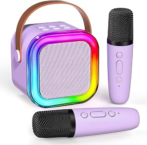 Mini Karaoke Machine for Kids,Portable BT Speaker with 2 Wireless Microphones and LED Light Holiday Birthday Gift Toy for Boys and Girls Teens Over 4,5,6,7,8,9,10,11,12+ Years Old (Purple)