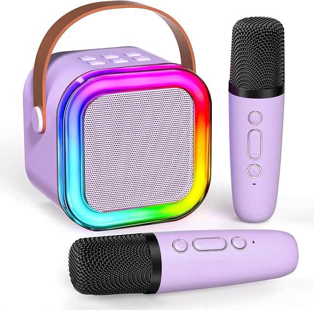 Mini Machine à karaoké pour enfants, Portable BT Président avec 2 Microphones sans fil LED Jouet Cadeau d'anniversaire pour les garçons et les filles 4,5,6,7,8,9,10,11,12+ Années (Purple)