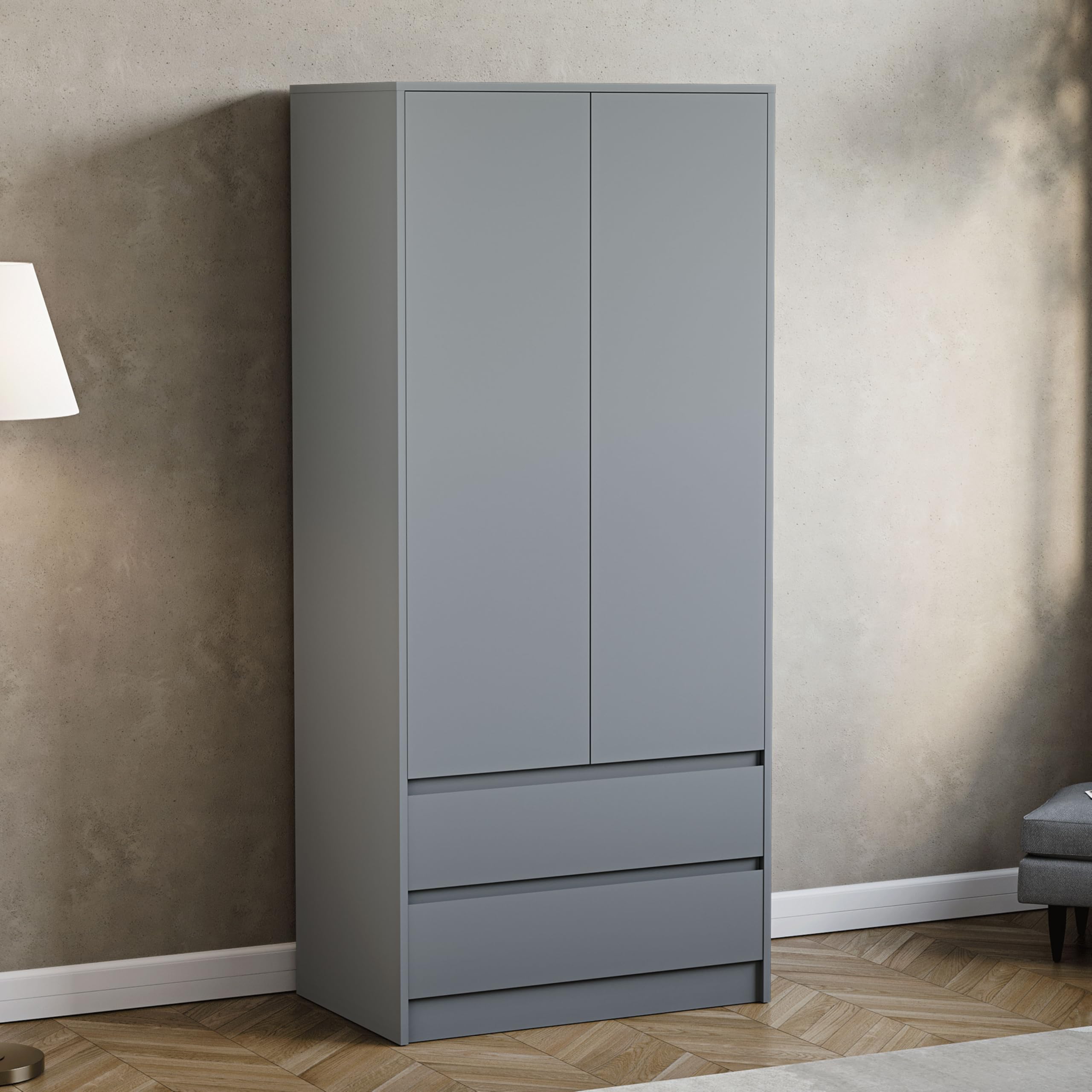 Vida Designs Denver 2 Door & 2 Drawer Wardrobe | Grey | Bedroom Furniture | 174H x 76W x 53D cm | with Spacious Drawers & Hanging Rail | Large Capacity Storage