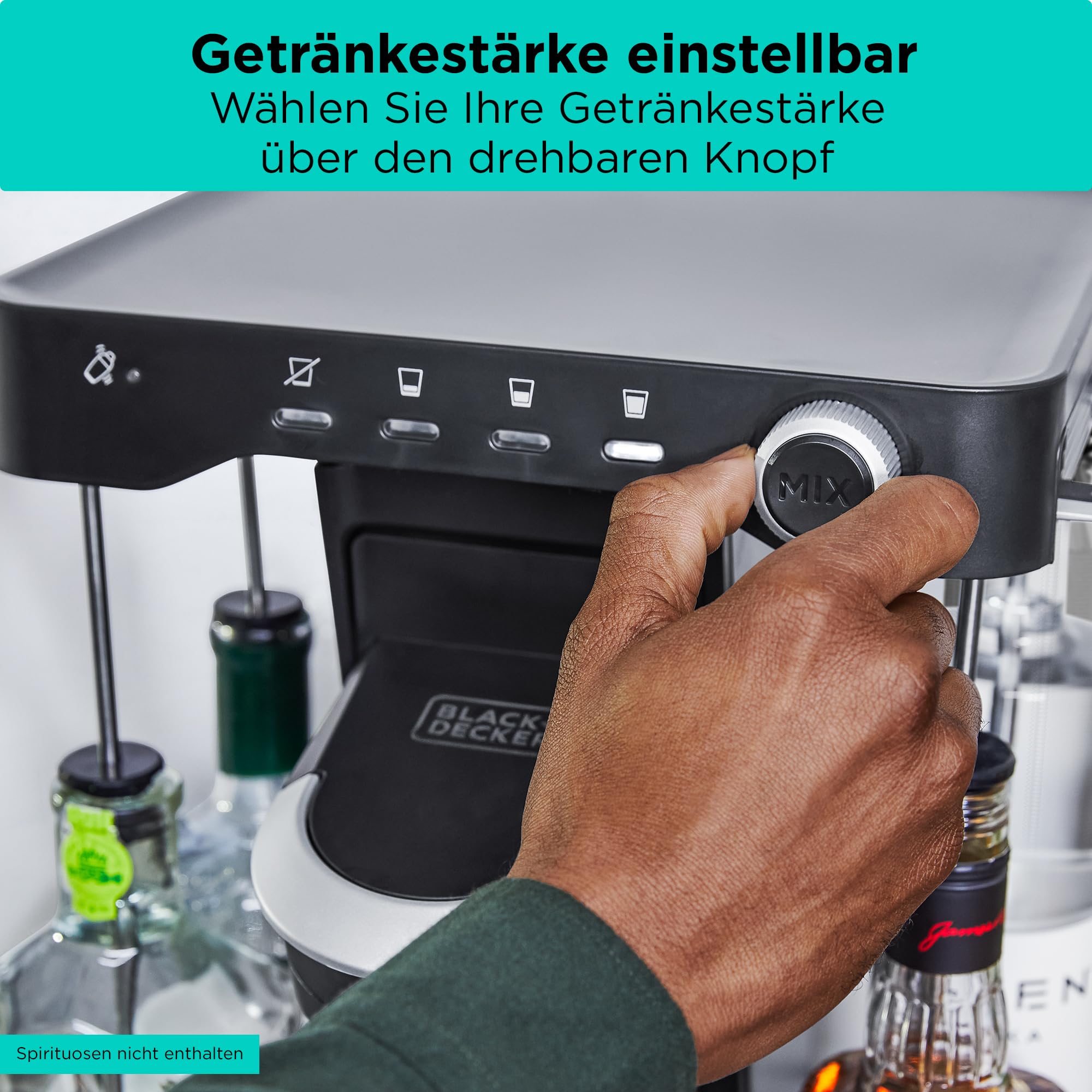 BLACK+DECKER BEV Cocktail-Maschine (individuelle Cocktails auf Knopfdruck, Platz für 5 Spirituosen, Getränkestärke einstellbar, mit Reinigungsmodus & LED Beleuchtung im Party-Modus) BEHB101