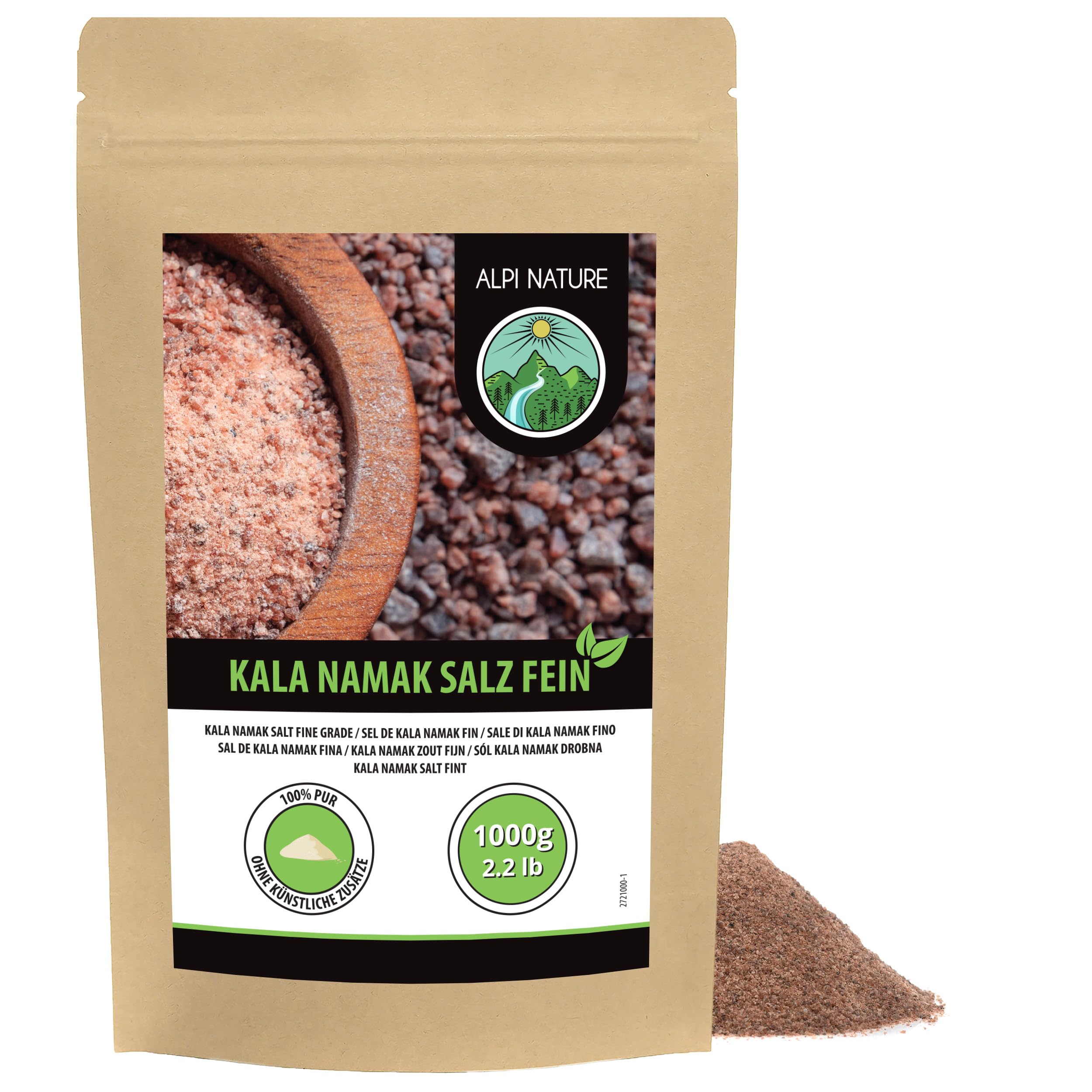 Alpi Nature Drobna Sól Kala Namak 1kg, Naturalna Czarna Sól Kamienna Kala Namak Drobna